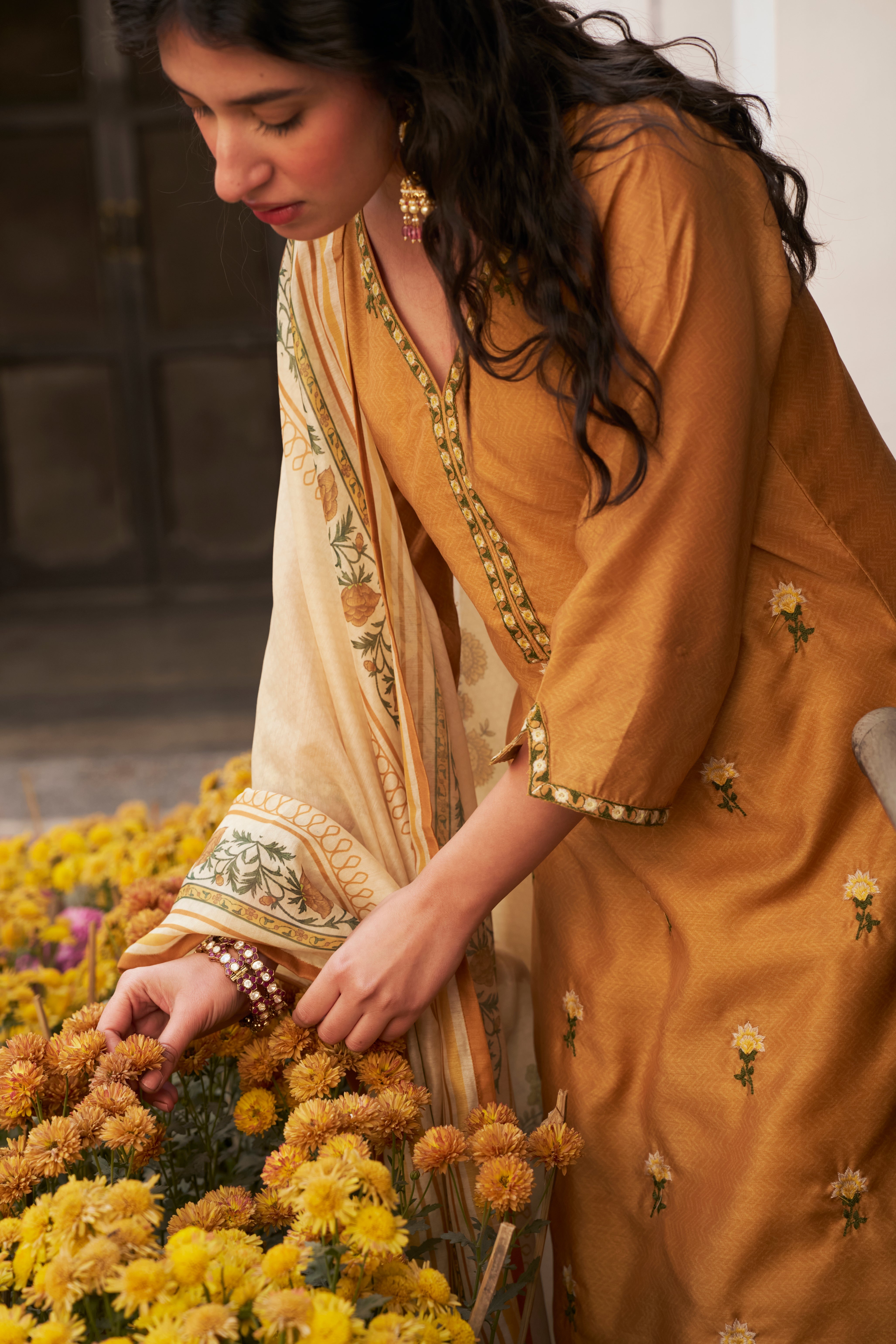 MUSTARD CHANDERI KURTA SET