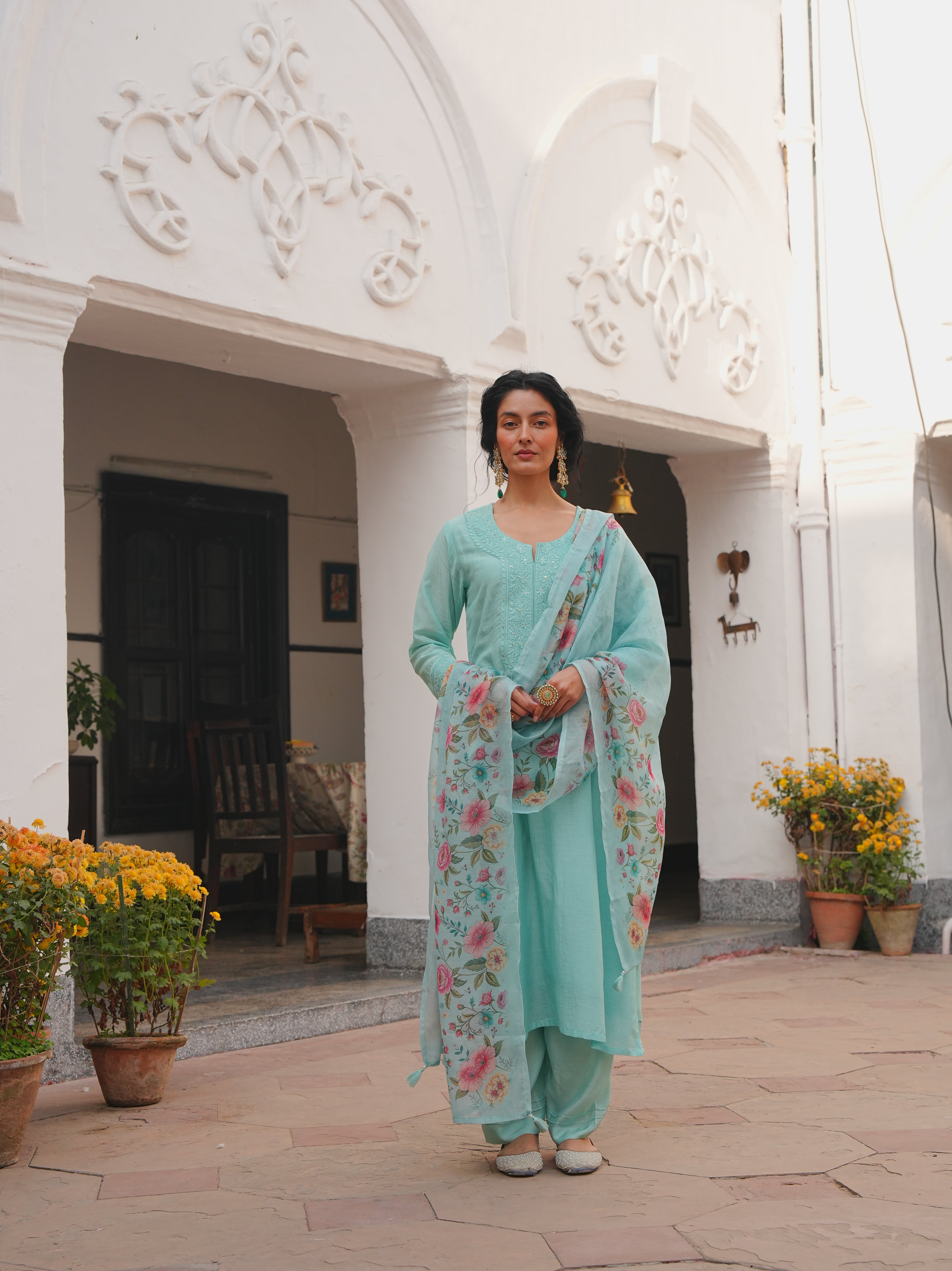 MINT AQUA MUL CHANDERI KURTA SET