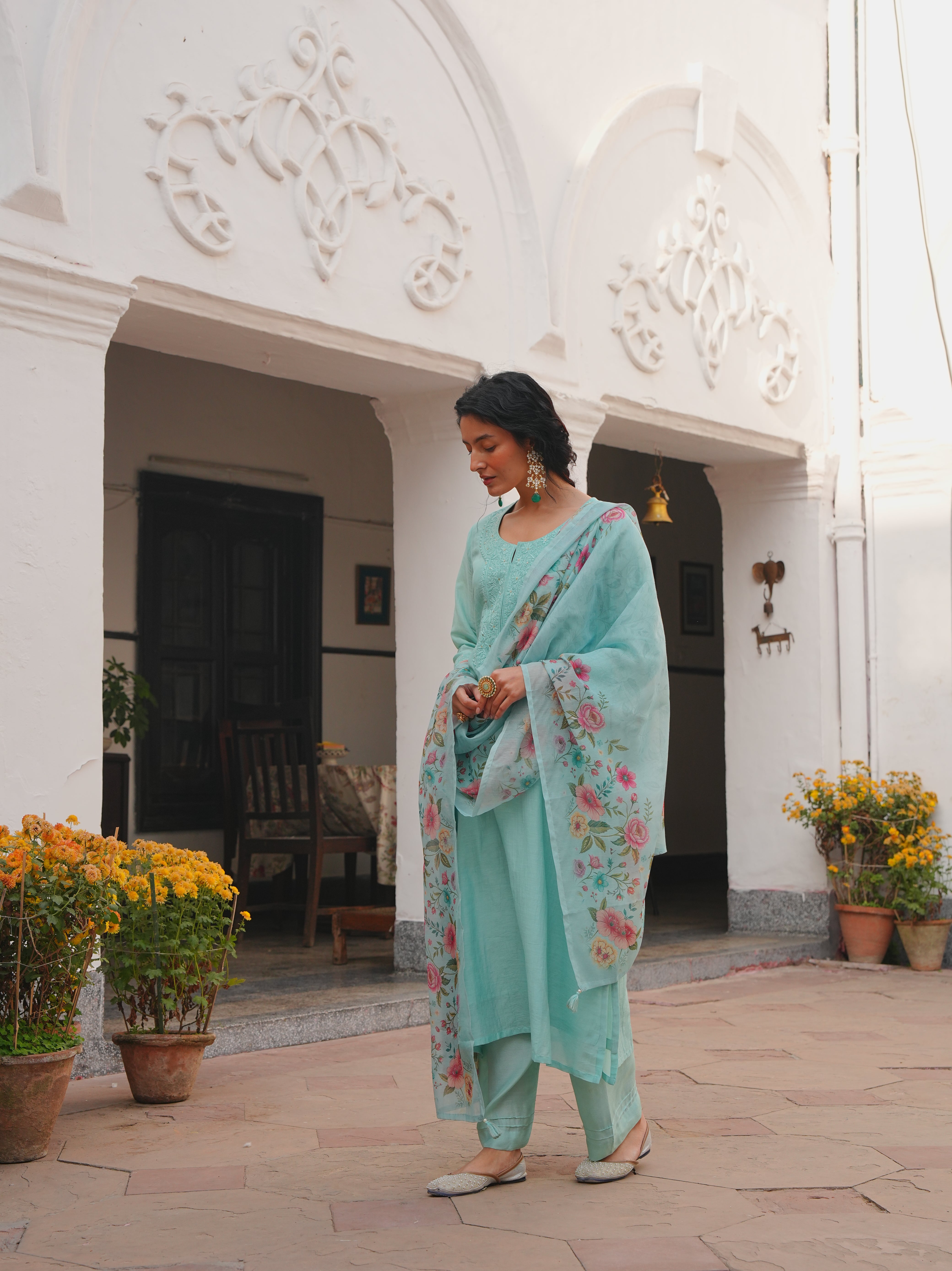 MINT AQUA MUL CHANDERI KURTA SET