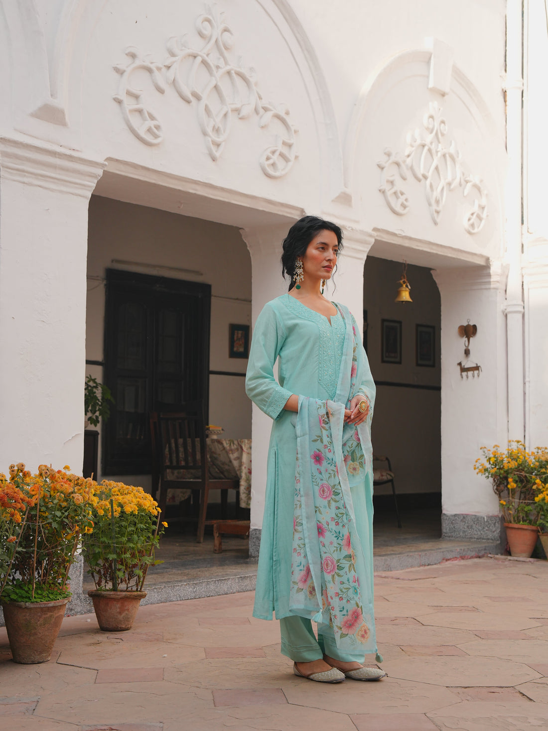 MINT AQUA MUL CHANDERI KURTA SET