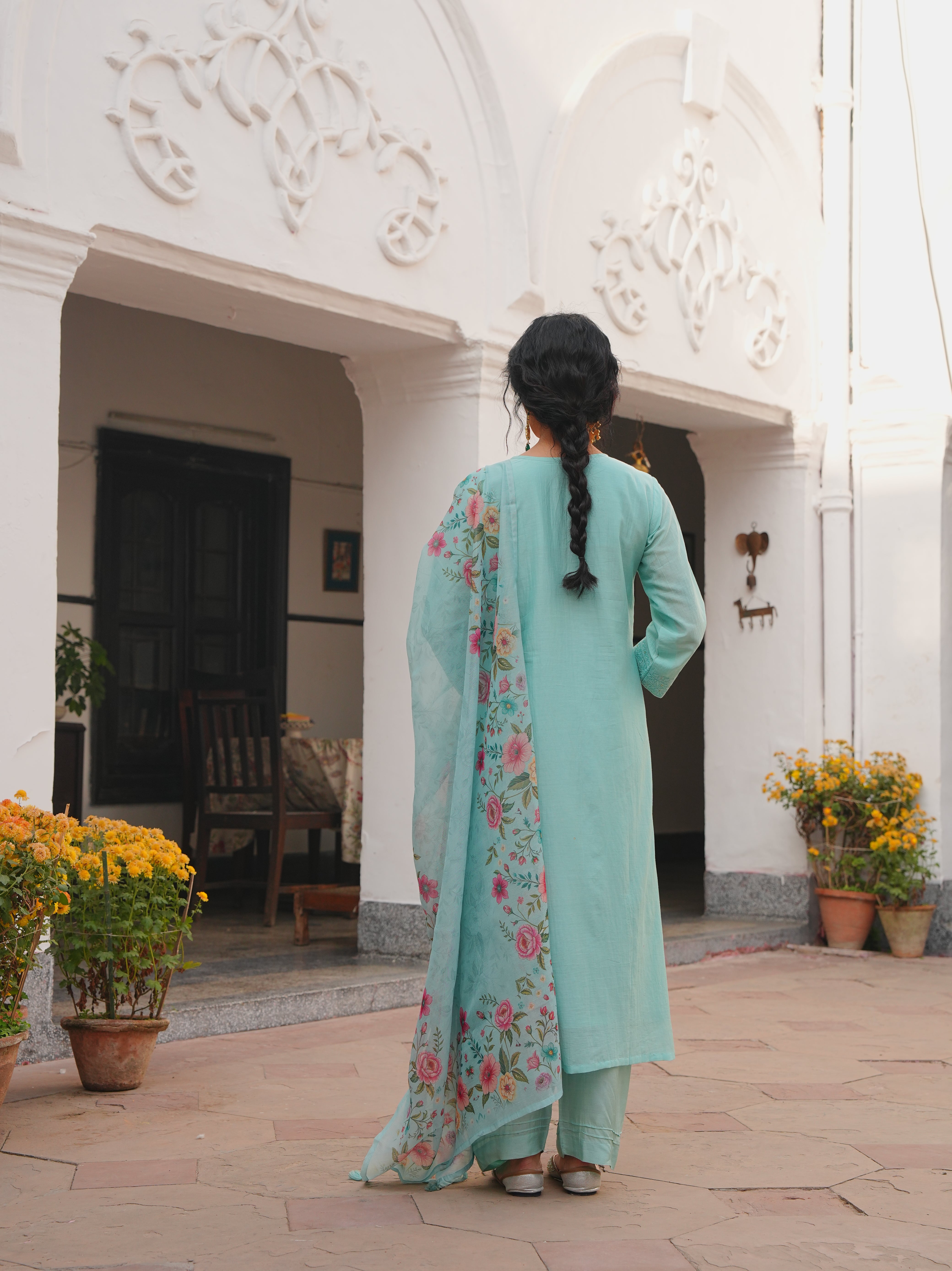 MINT AQUA MUL CHANDERI KURTA SET
