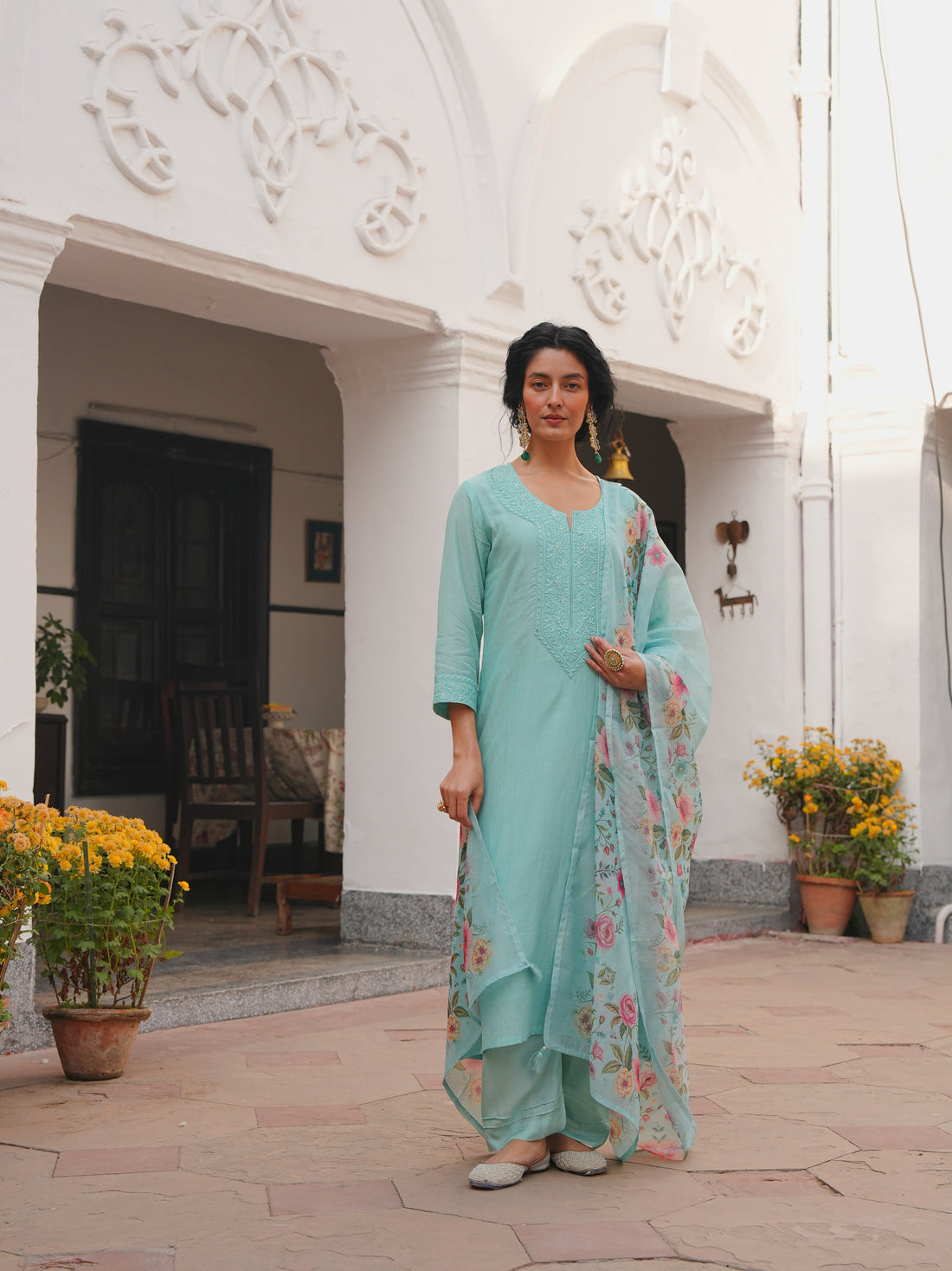 MINT AQUA MUL CHANDERI KURTA SET