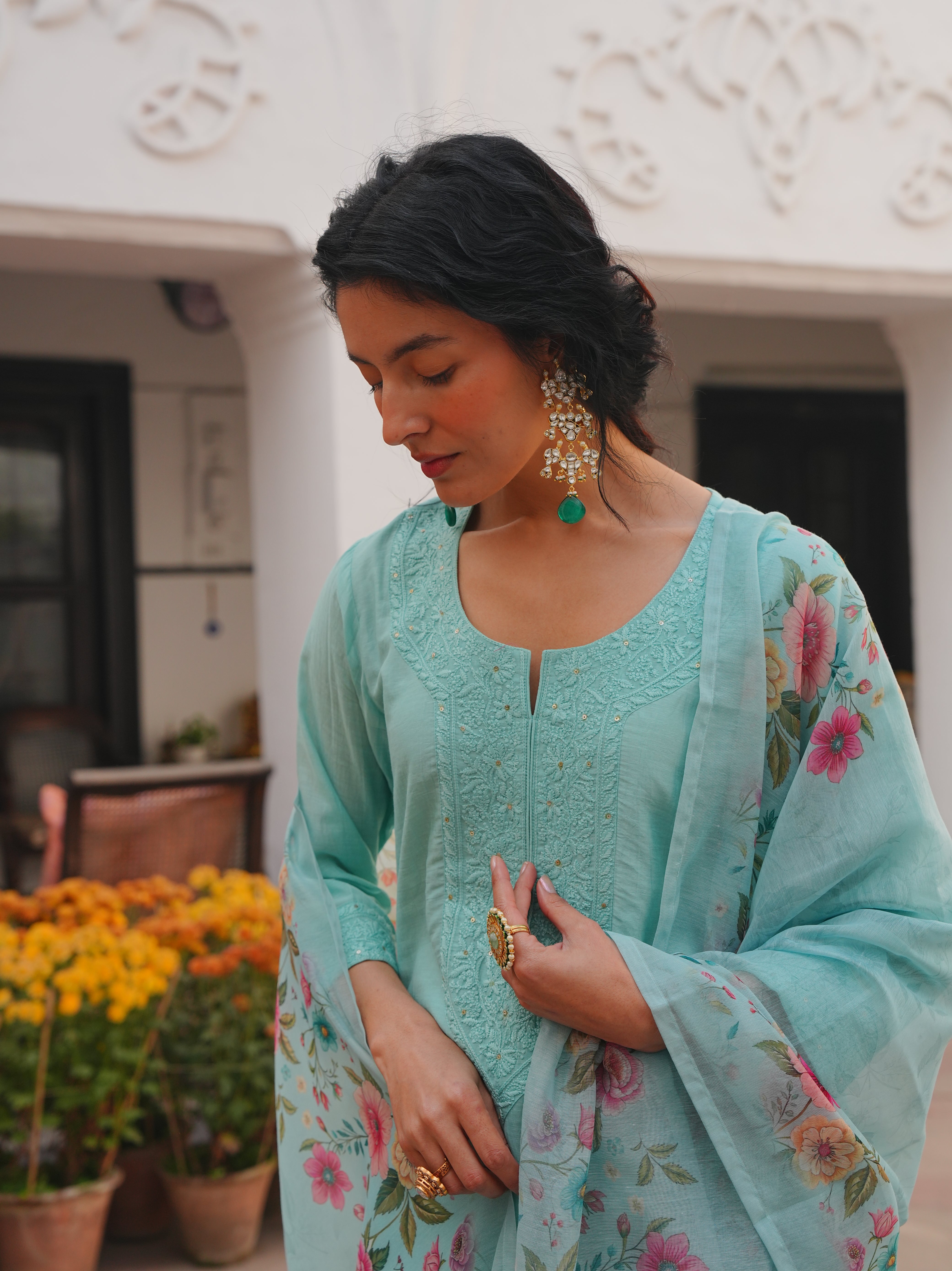MINT AQUA MUL CHANDERI KURTA SET