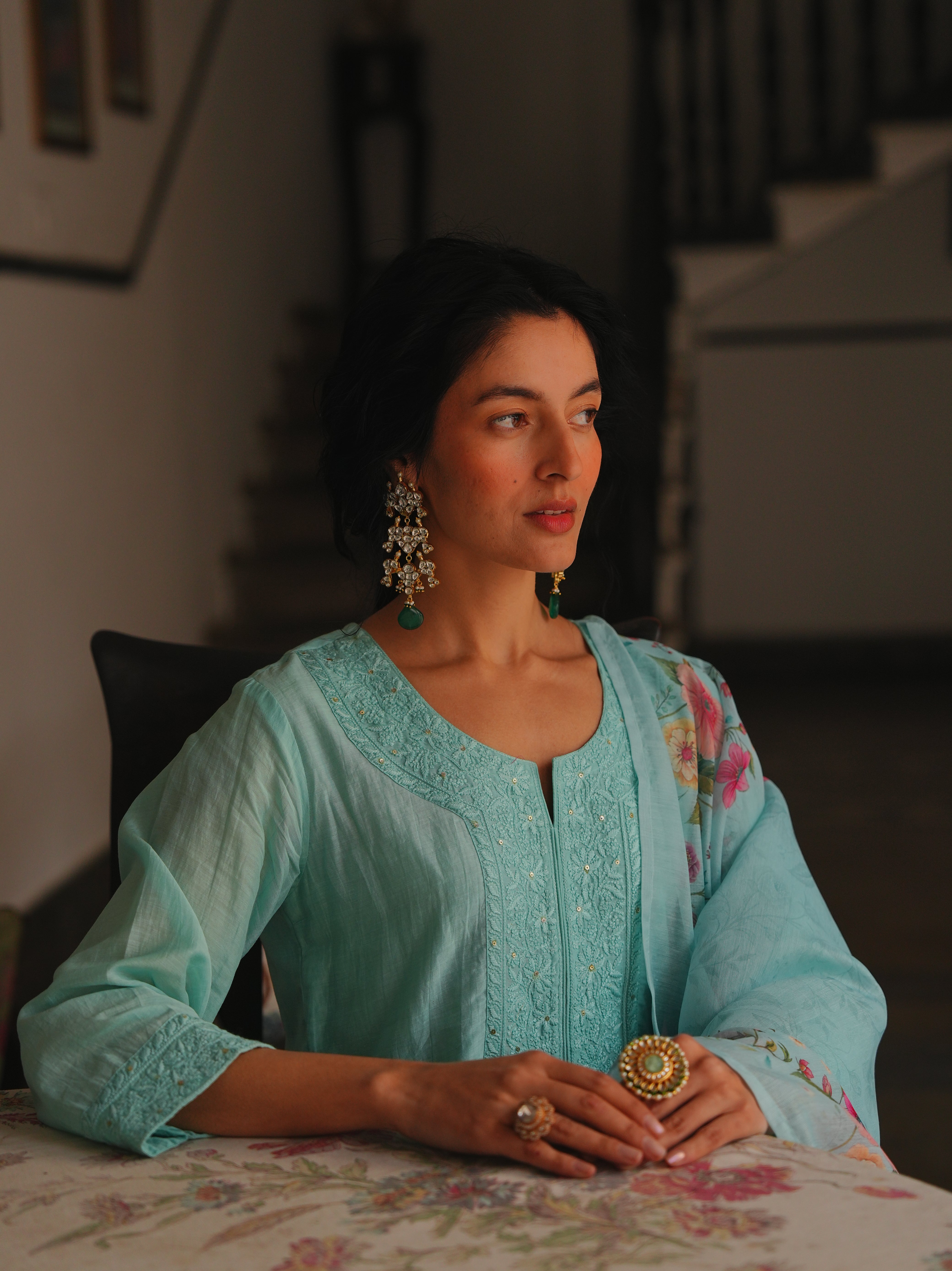 MINT AQUA MUL CHANDERI KURTA SET