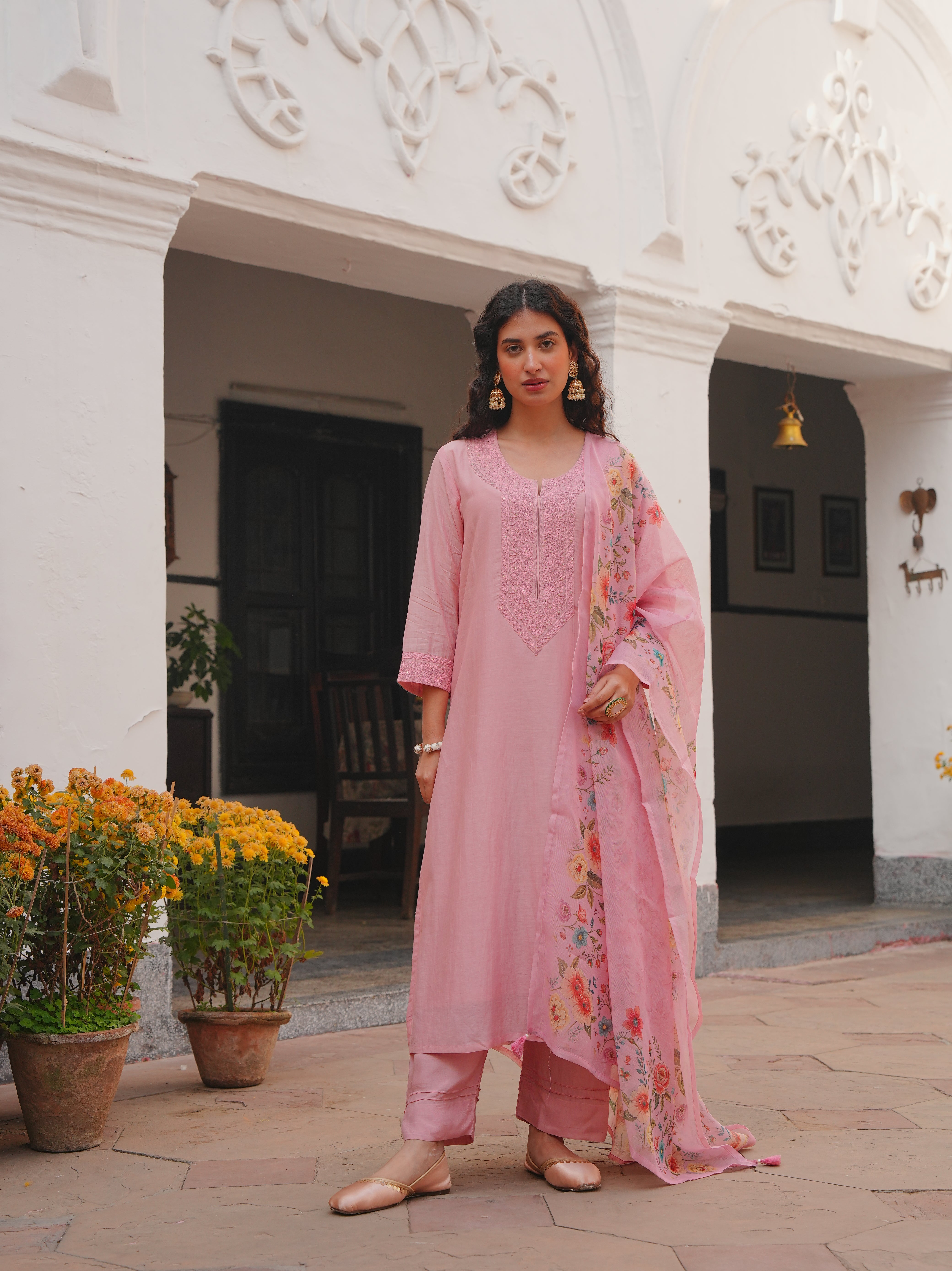 PINK MUL CHANDERI KURTA SET