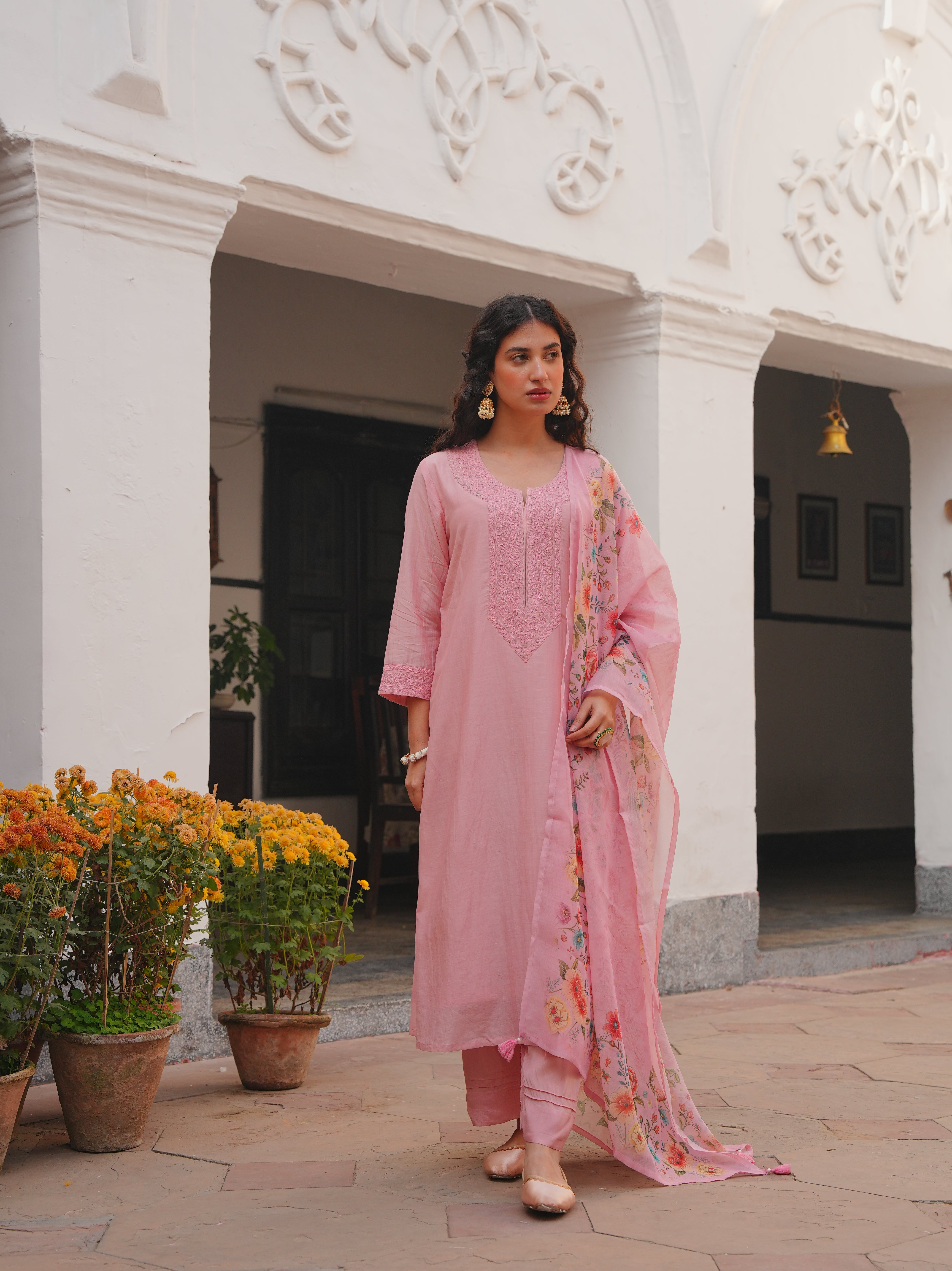 PINK MUL CHANDERI KURTA SET