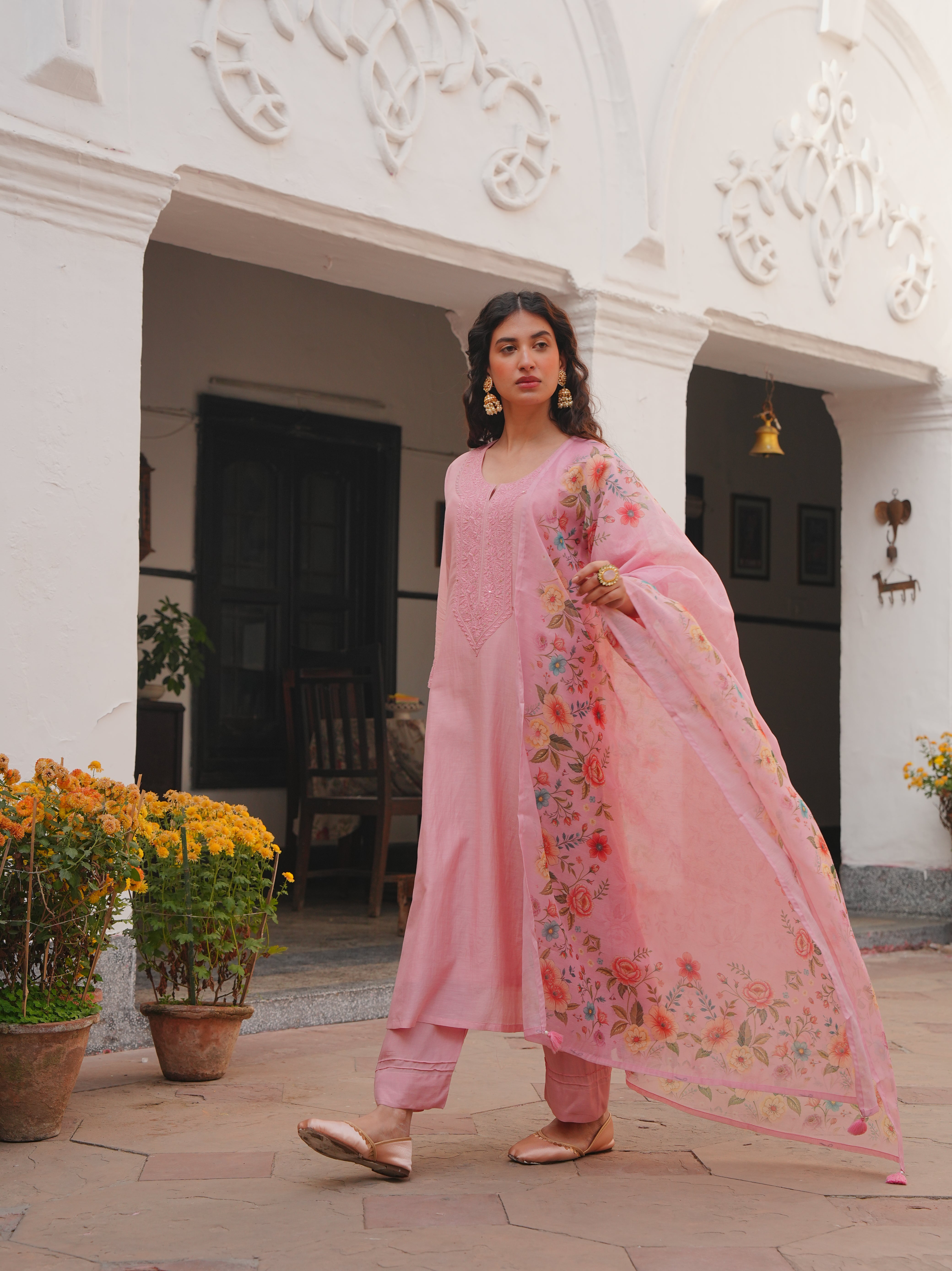 PINK MUL CHANDERI KURTA SET