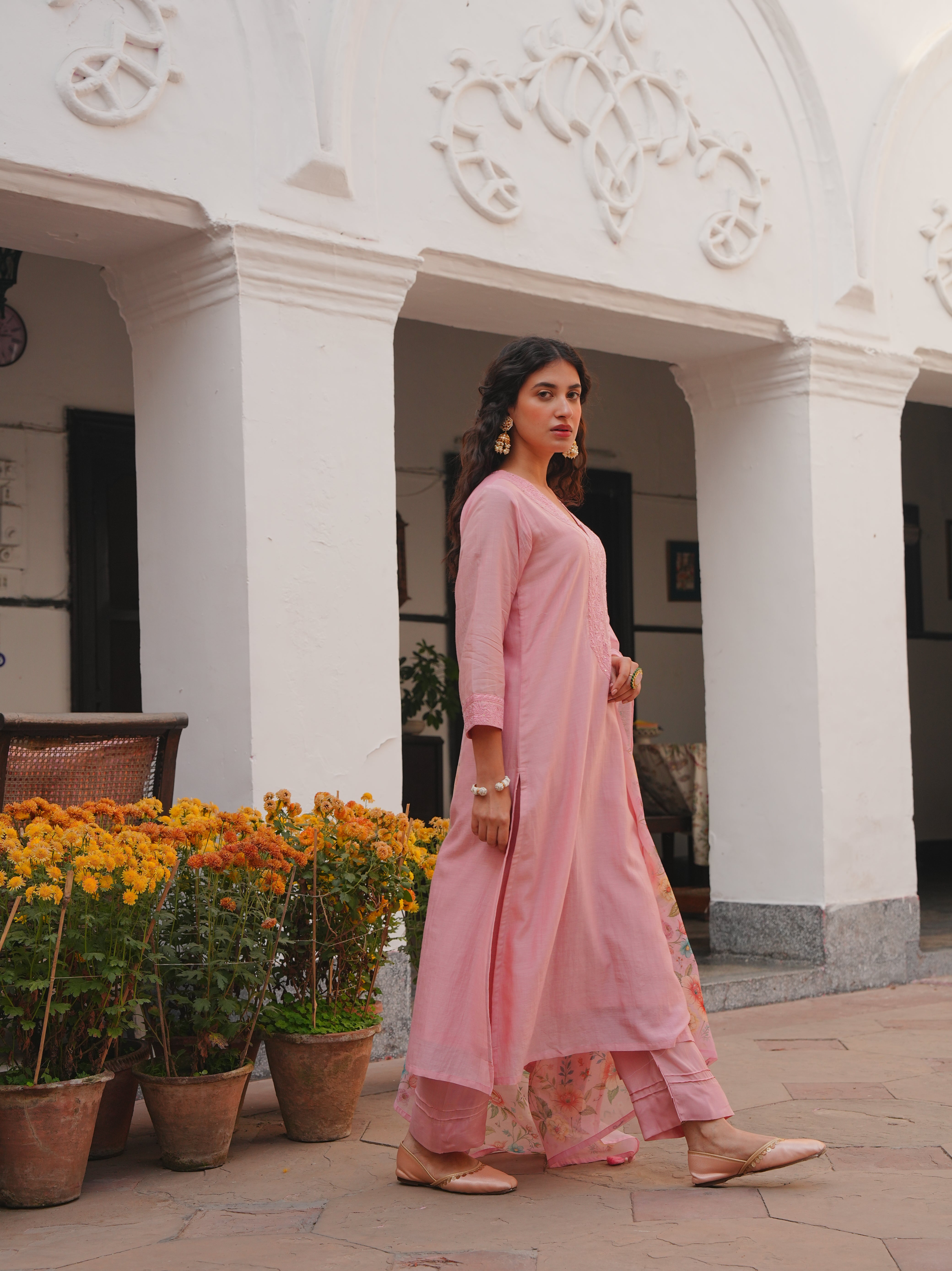 PINK MUL CHANDERI KURTA SET