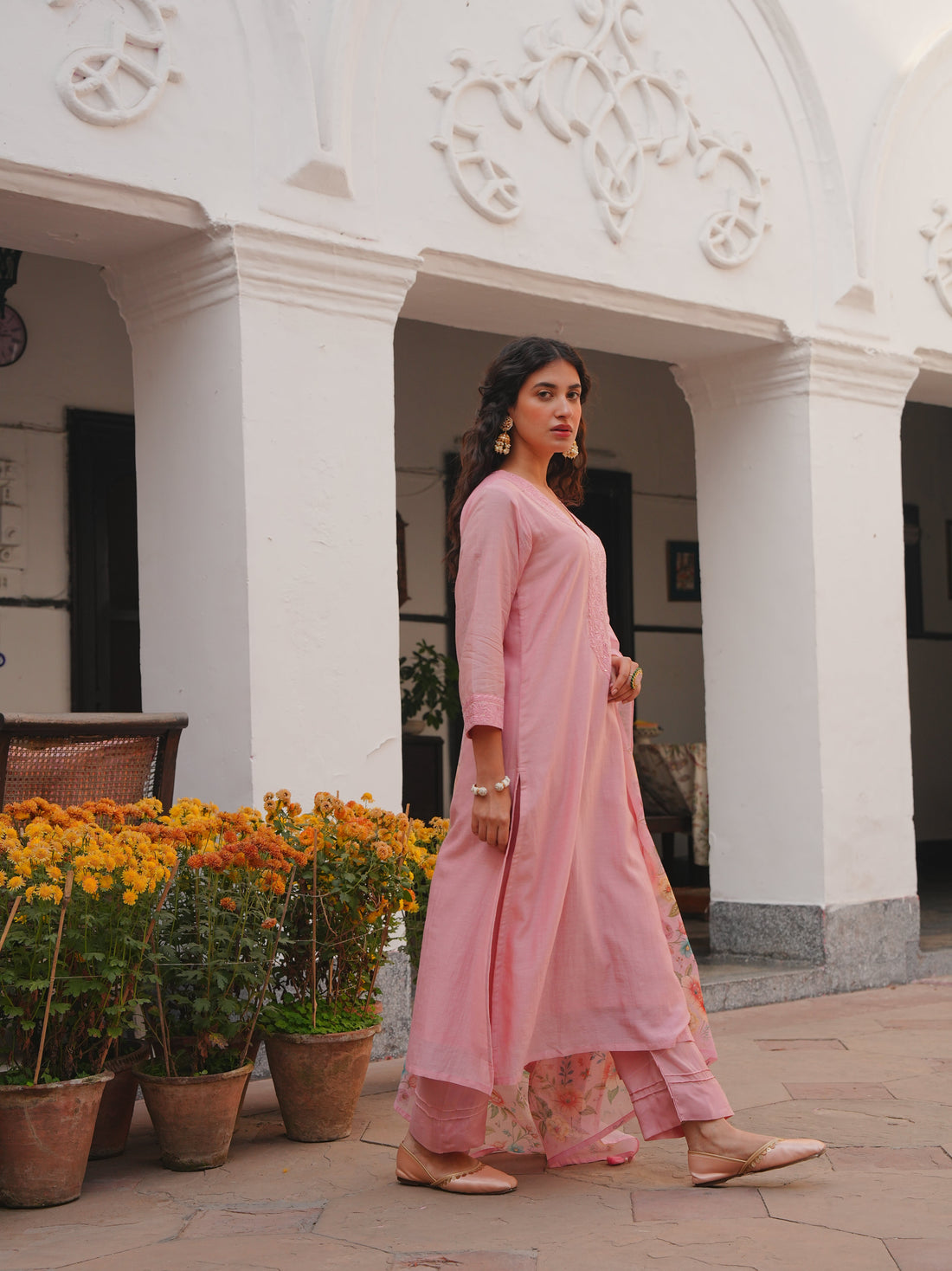 PINK MUL CHANDERI KURTA SET