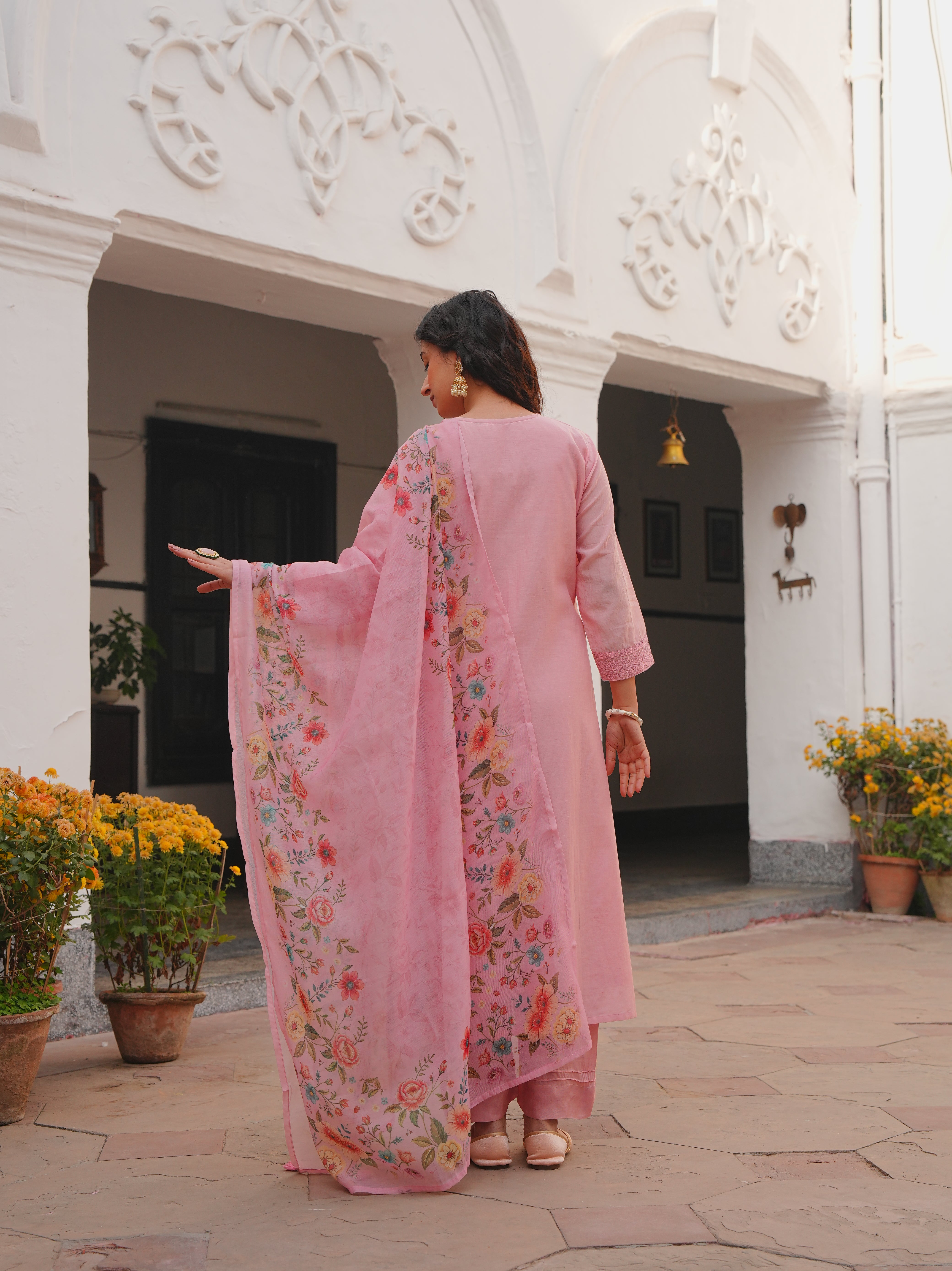 PINK MUL CHANDERI KURTA SET