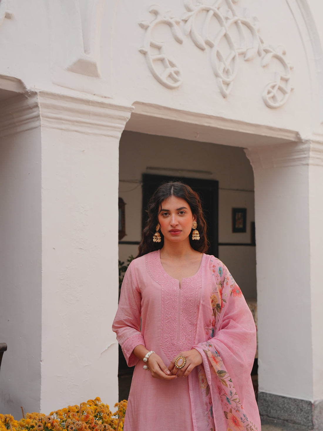 PINK MUL CHANDERI KURTA SET