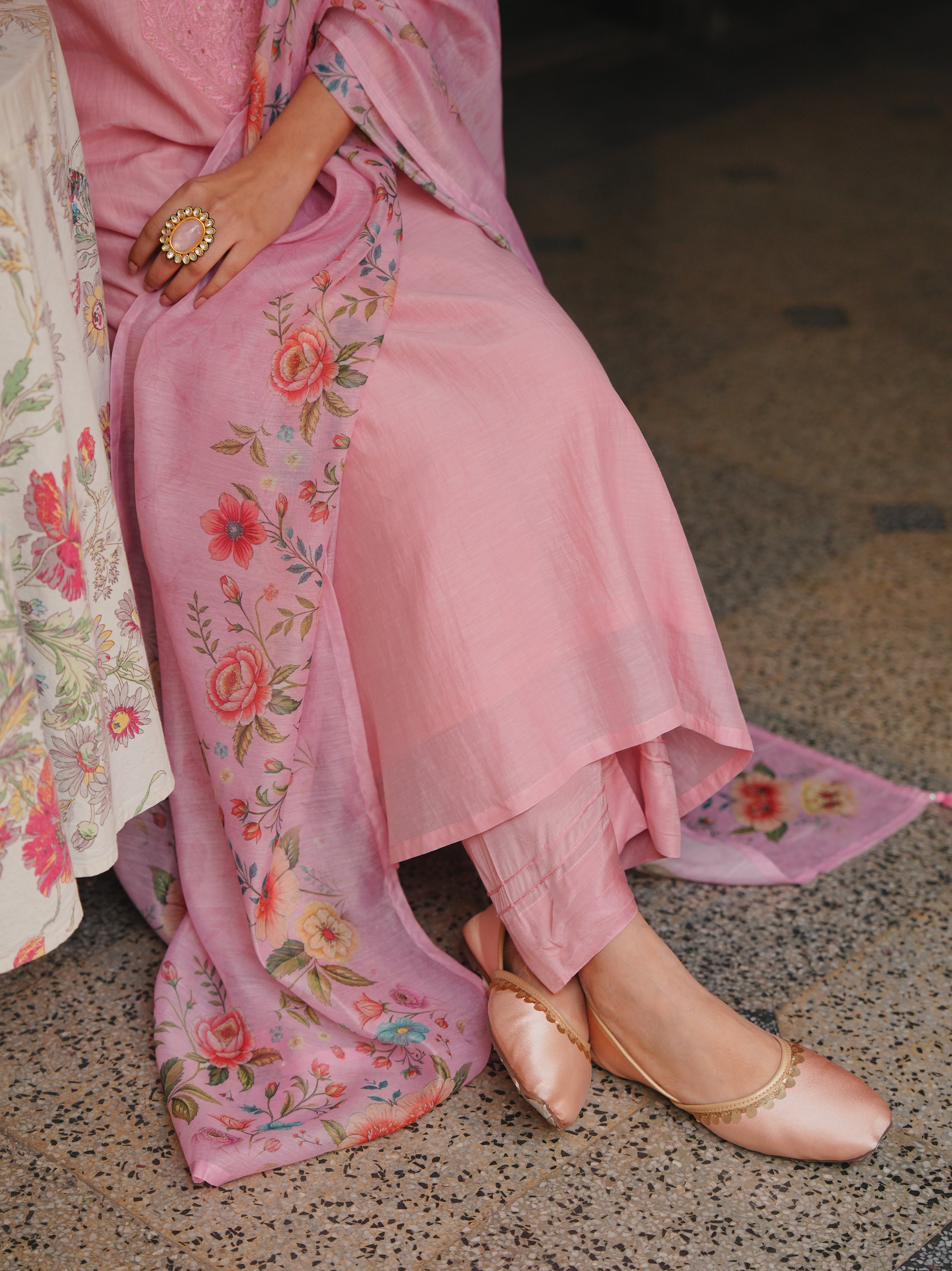 PINK MUL CHANDERI KURTA SET