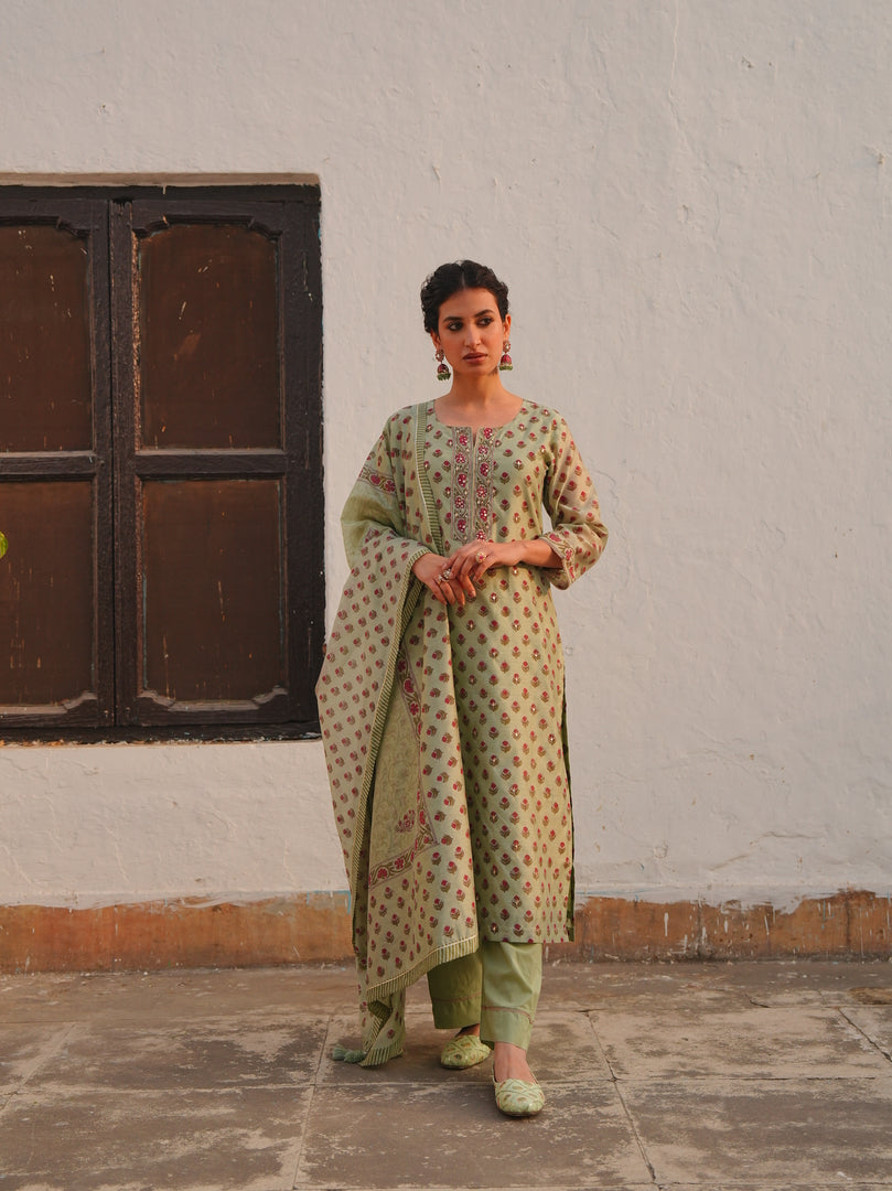 Sage Green Rose Motif Kurta Set