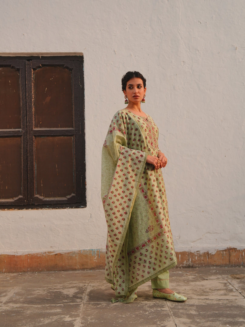Sage Green Rose Motif Kurta Set
