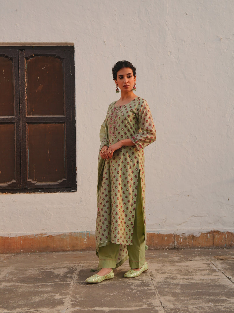 Sage Green Rose Motif Kurta Set