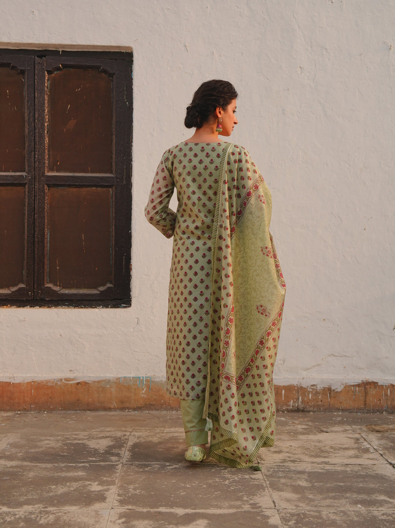 Sage Green Rose Motif Kurta Set