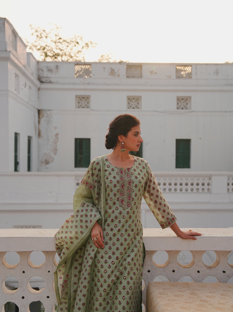 Sage Green Rose Motif Kurta Set