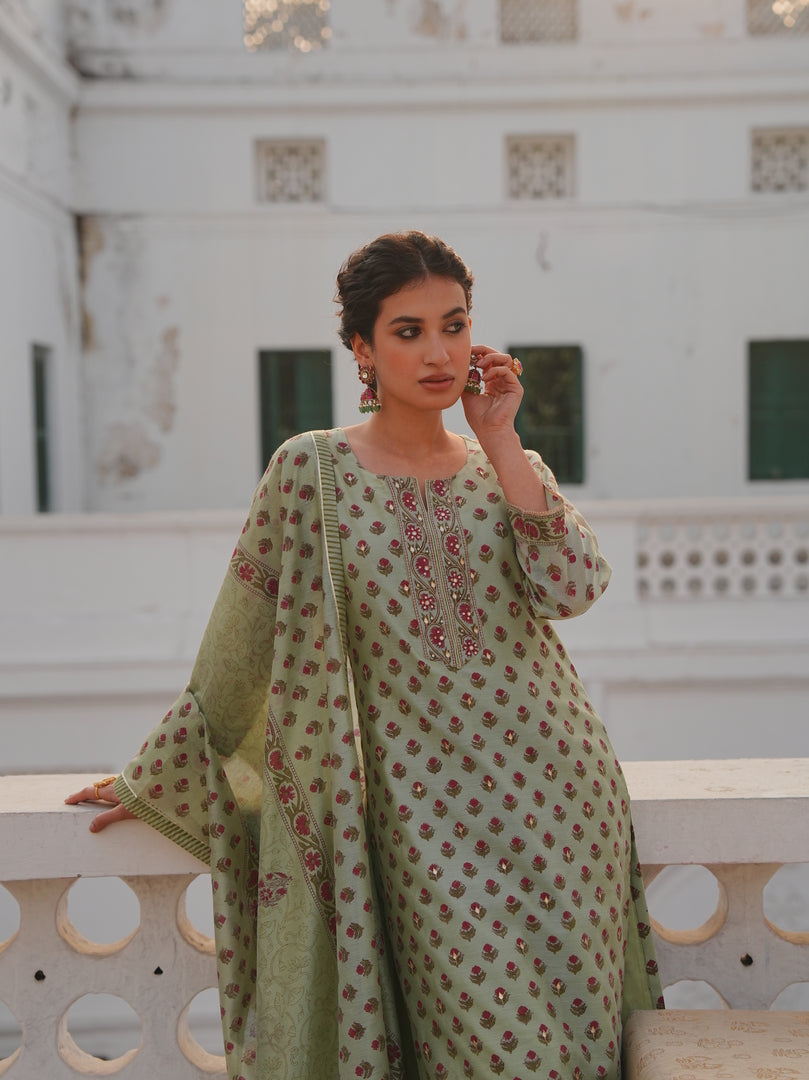Sage Green Rose Motif Kurta Set