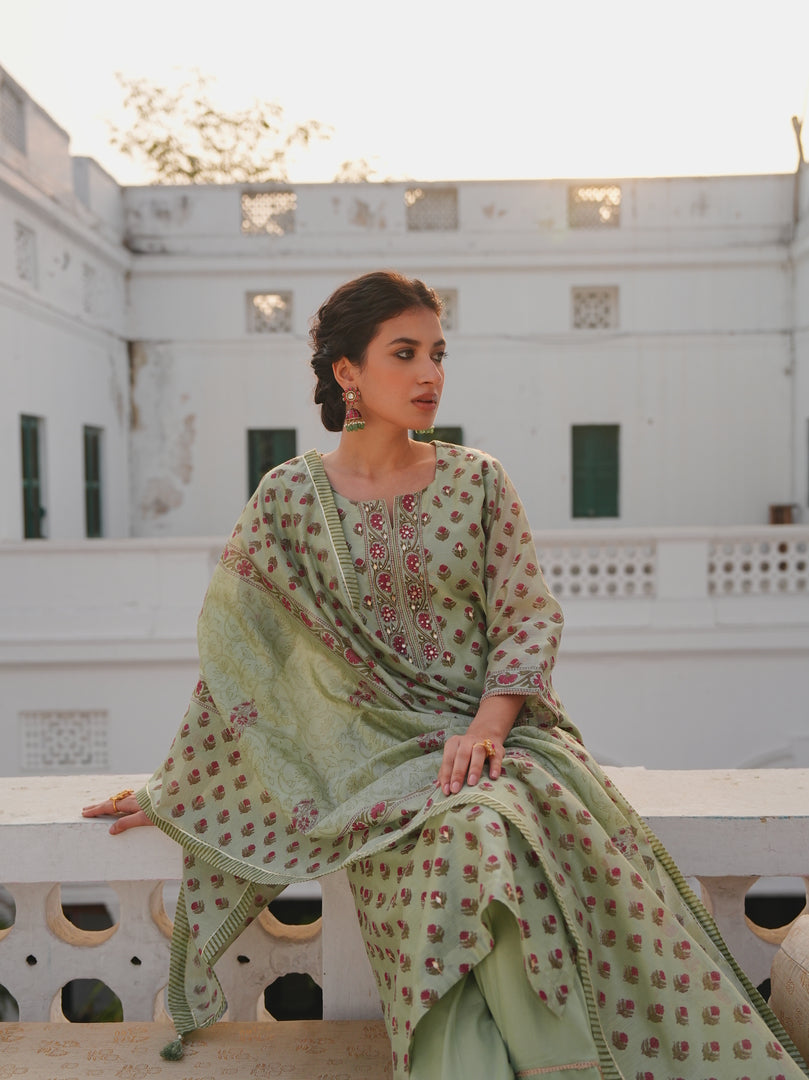 Sage Green Rose Motif Kurta Set
