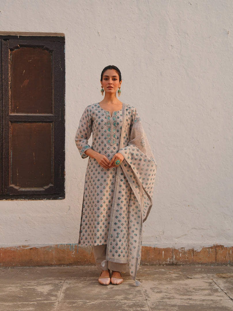 Mist Grey & Aqua Ethnic Kurta Set