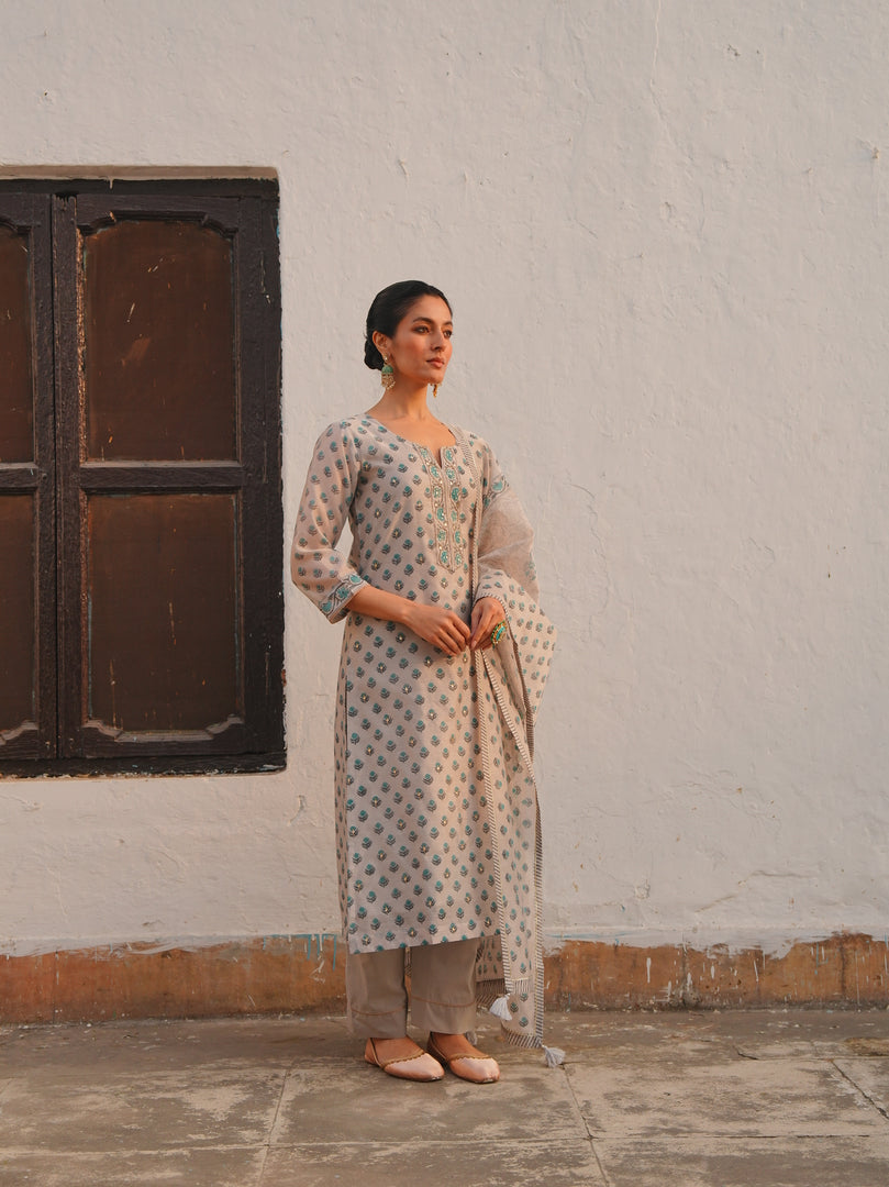 Mist Grey & Aqua Ethnic Kurta Set
