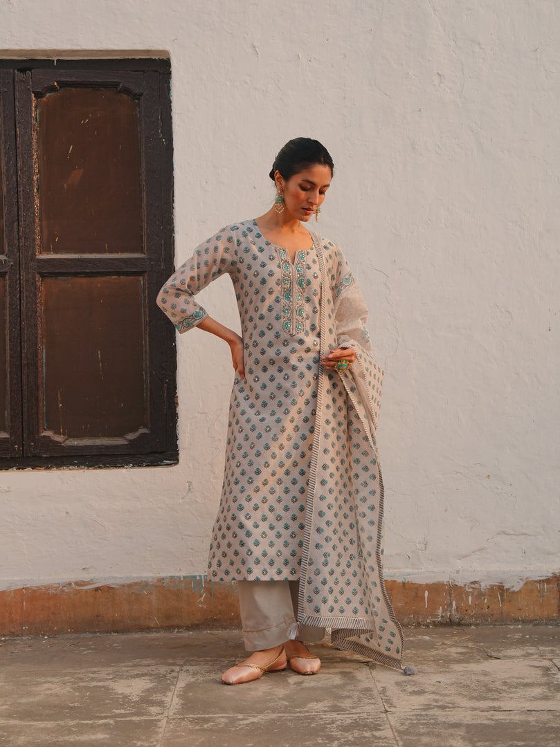 Mist Grey & Aqua Ethnic Kurta Set