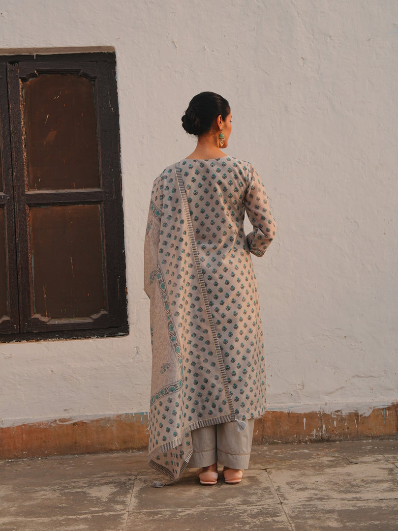 Mist Grey & Aqua Ethnic Kurta Set
