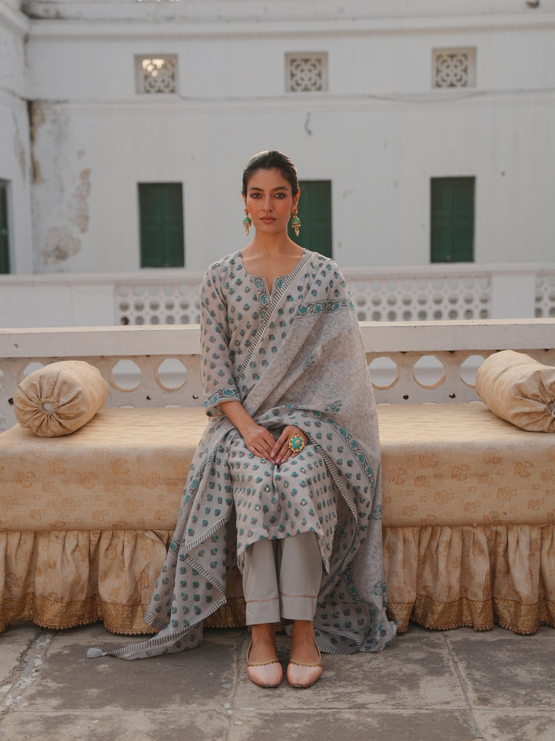 Mist Grey & Aqua Ethnic Kurta Set