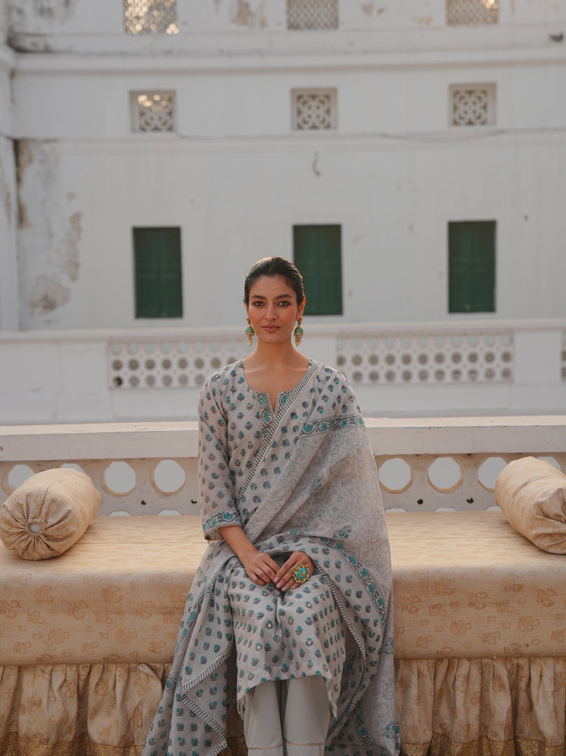 Mist Grey & Aqua Ethnic Kurta Set