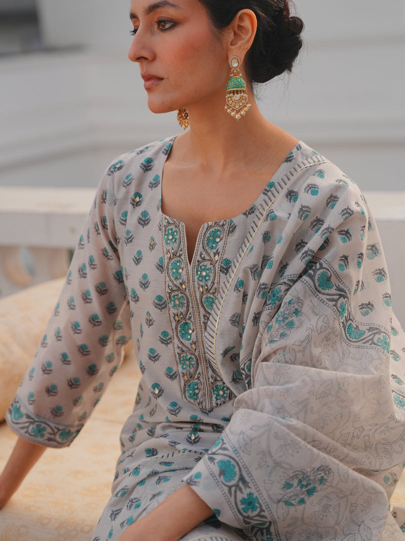 Mist Grey & Aqua Ethnic Kurta Set