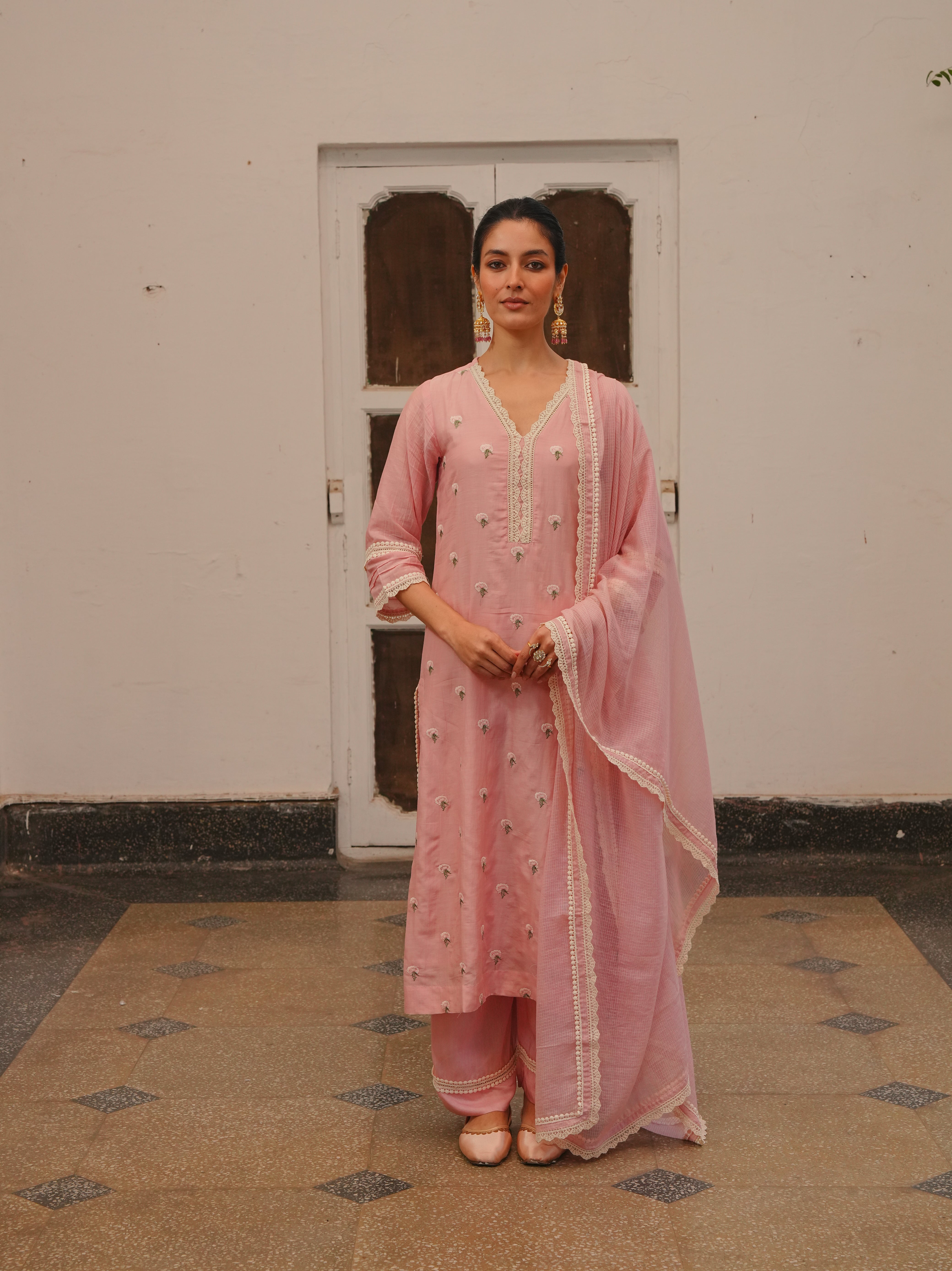 ROSE PINK MUL CHANDERI KURTA SET