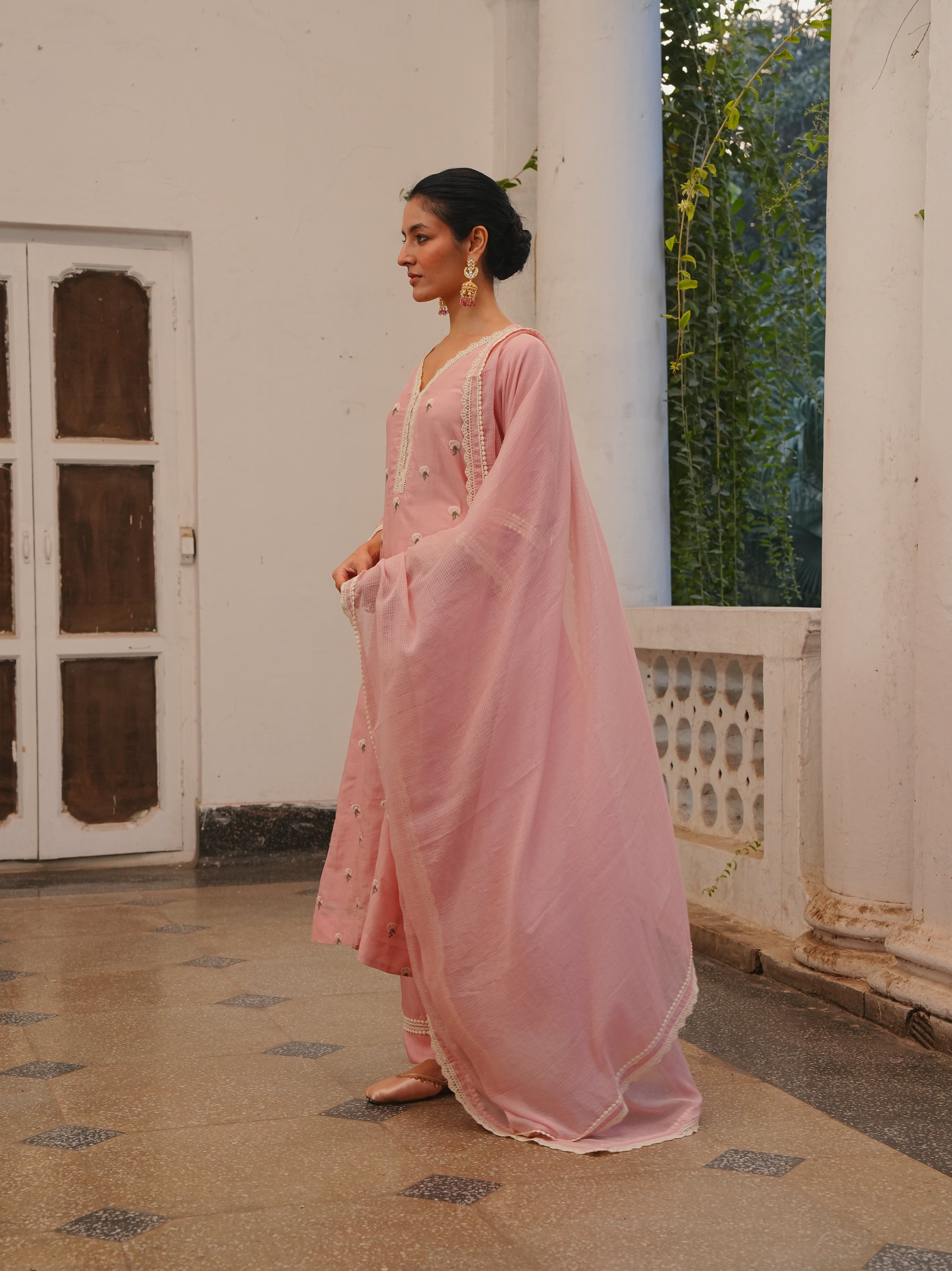 ROSE PINK MUL CHANDERI KURTA SET