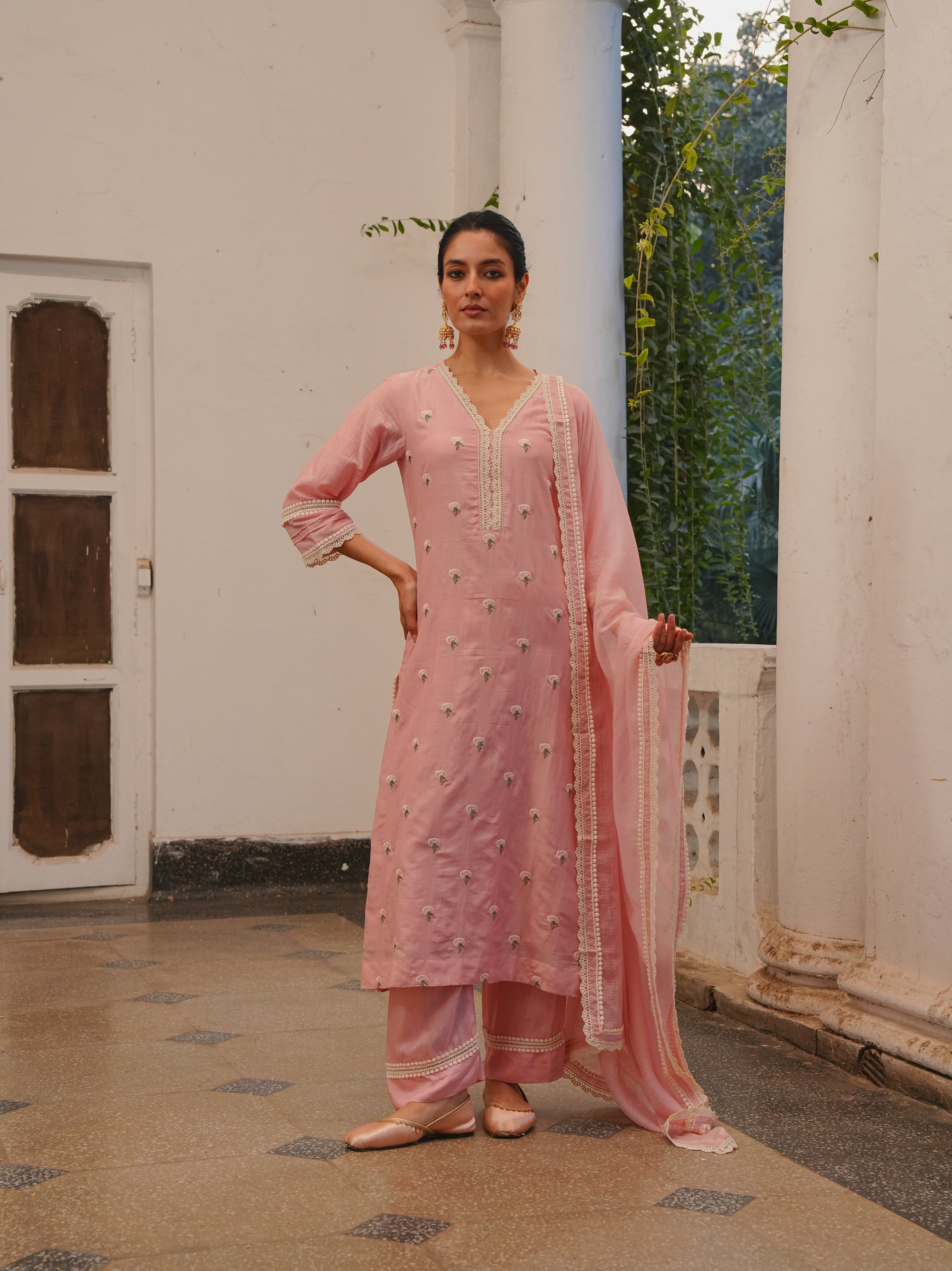 ROSE PINK MUL CHANDERI KURTA SET