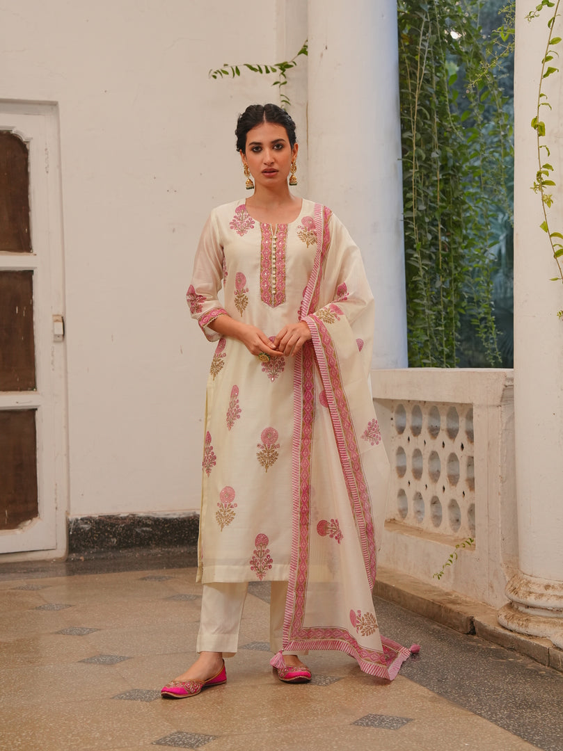 Ivory & Blush Pink Handblock Kurta Set