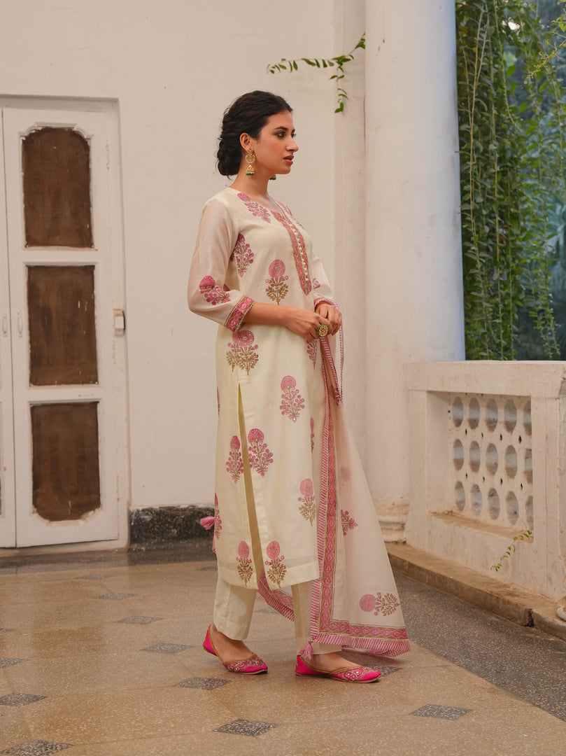 Ivory & Blush Pink Handblock Kurta Set