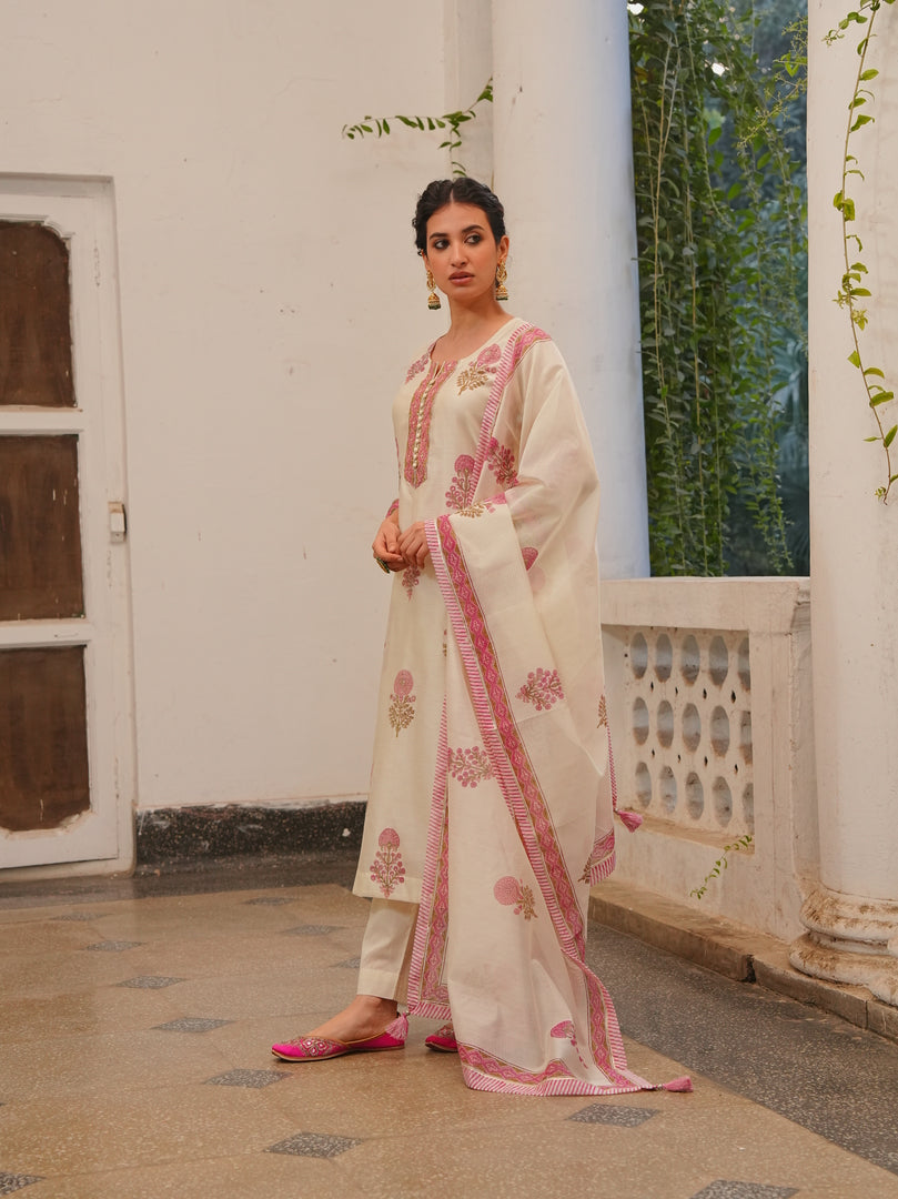 Ivory & Blush Pink Handblock Kurta Set