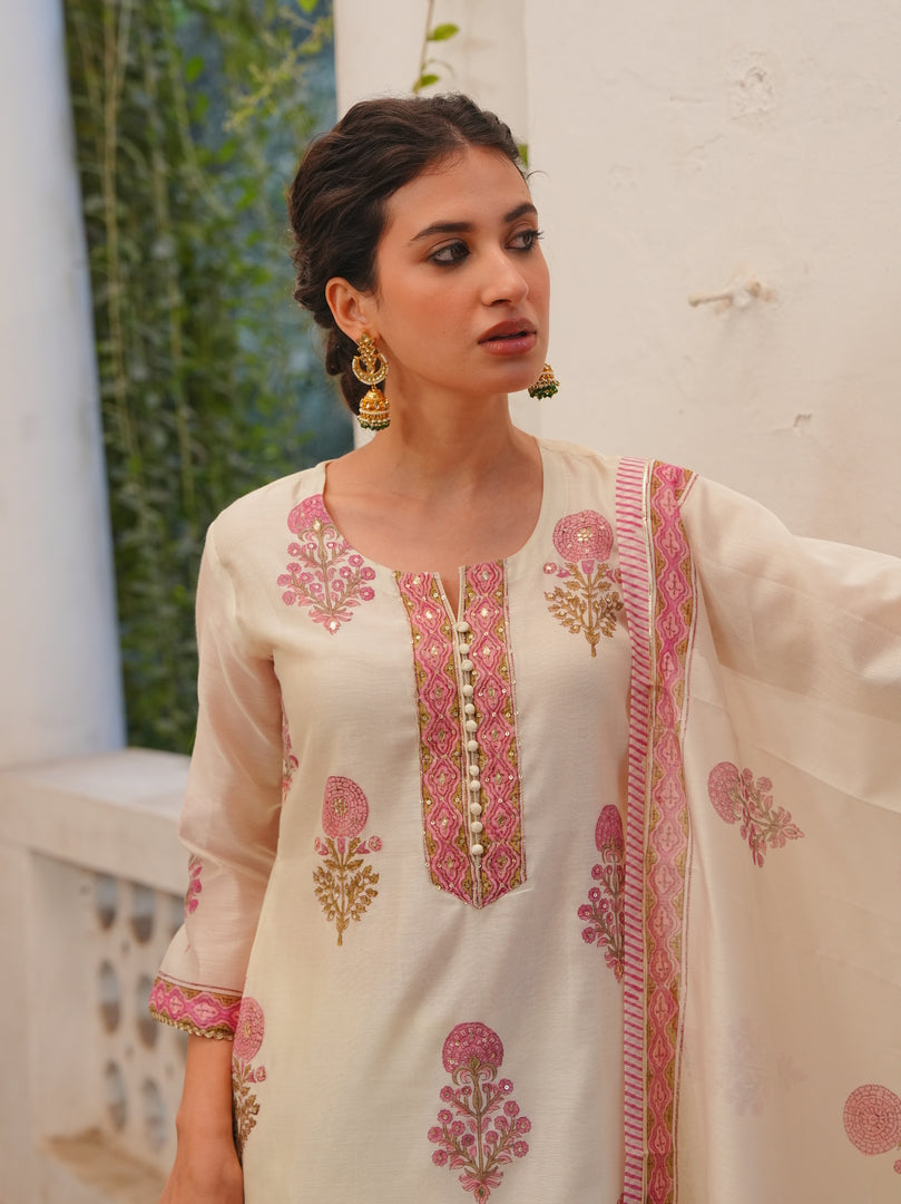 Ivory & Blush Pink Handblock Kurta Set
