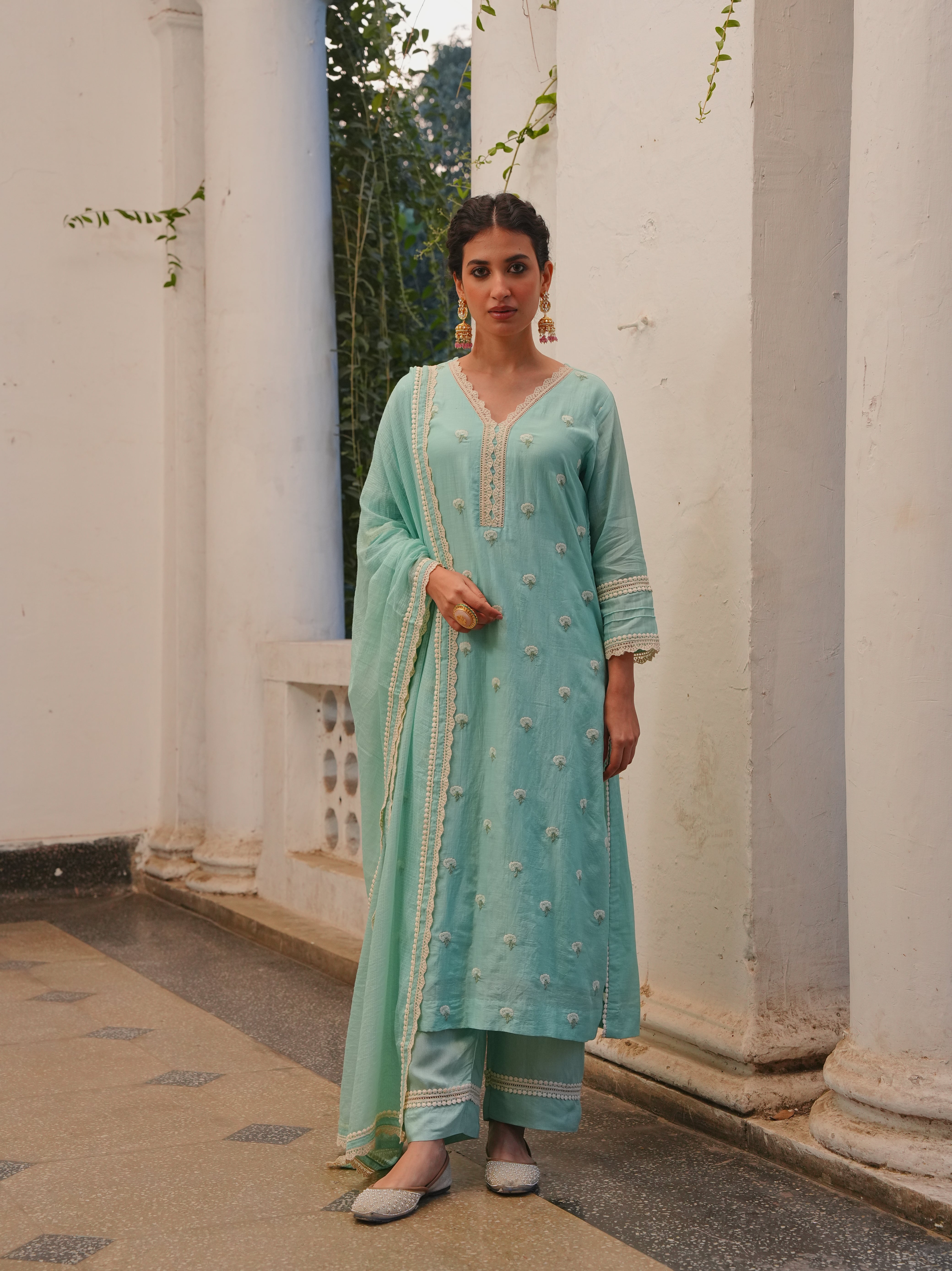 ICE BLUE MUL CHANDERI KURTA SET