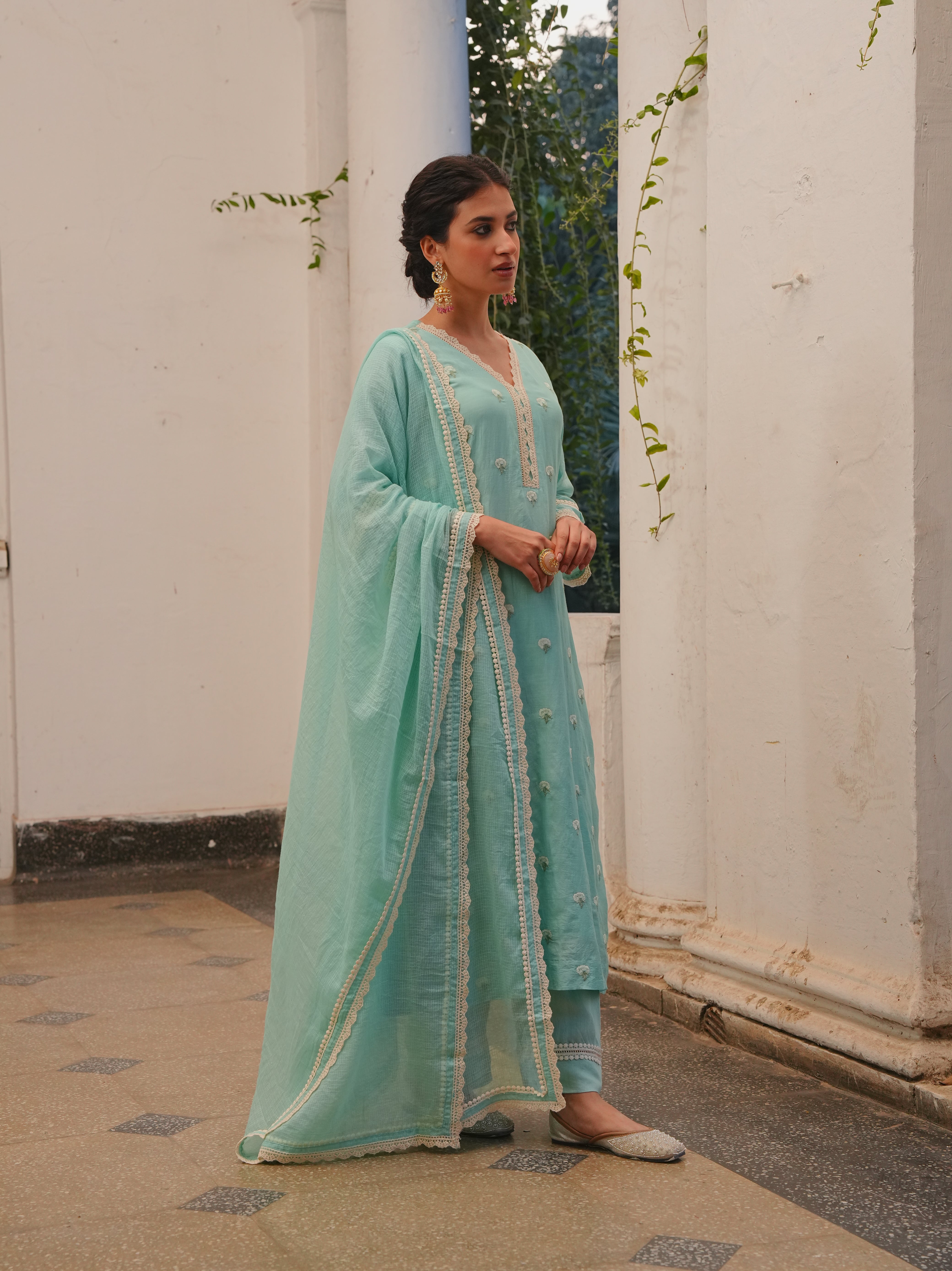 ICE BLUE MUL CHANDERI KURTA SET