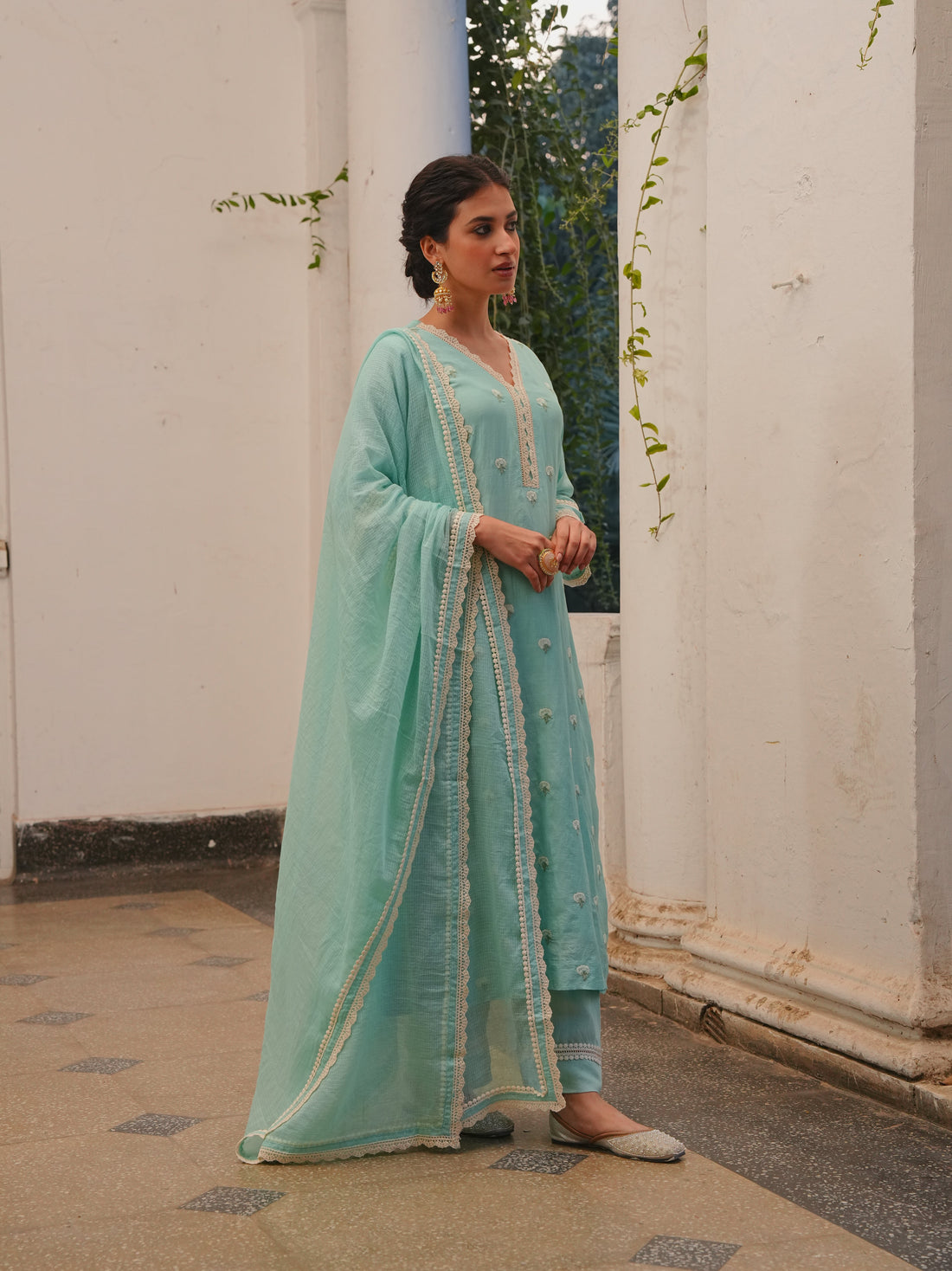 ICE BLUE MUL CHANDERI KURTA SET