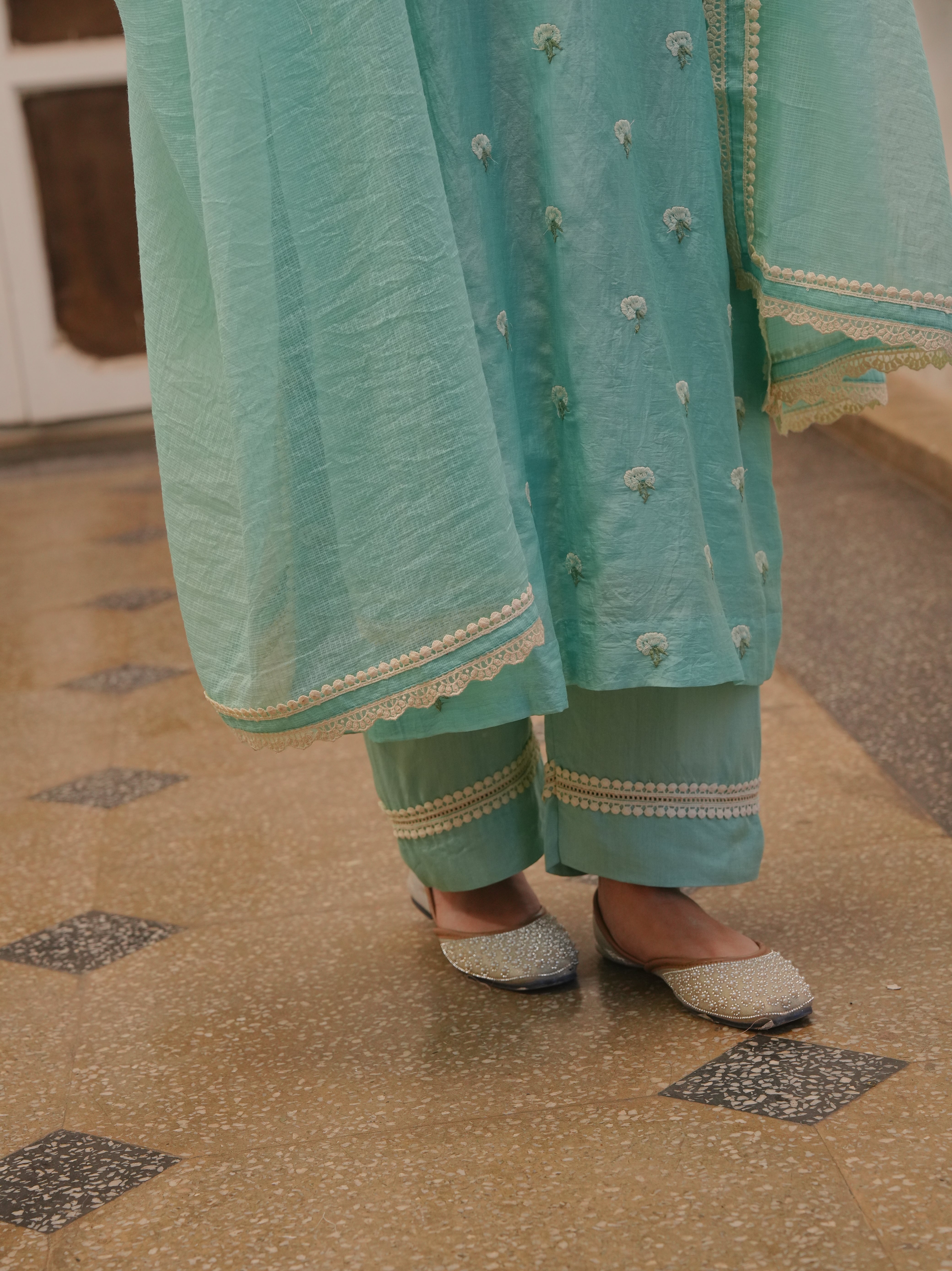 ICE BLUE MUL CHANDERI KURTA SET