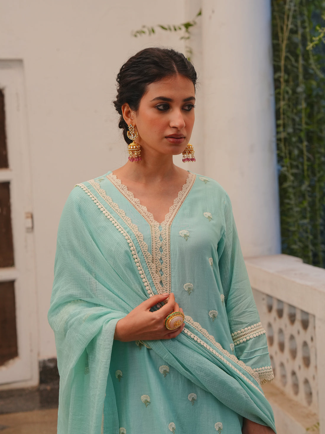 ICE BLUE MUL CHANDERI KURTA SET