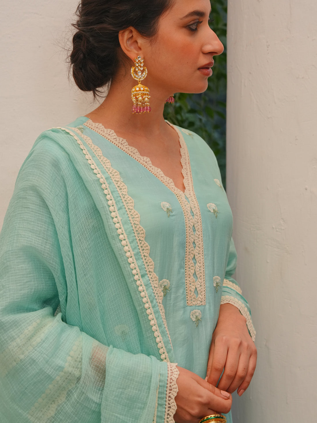 ICE BLUE MUL CHANDERI KURTA SET