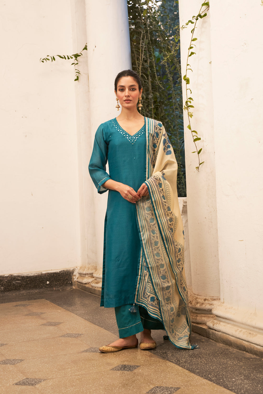 TEAL BLUE STARIGHT  CHANDERI KURTA SET