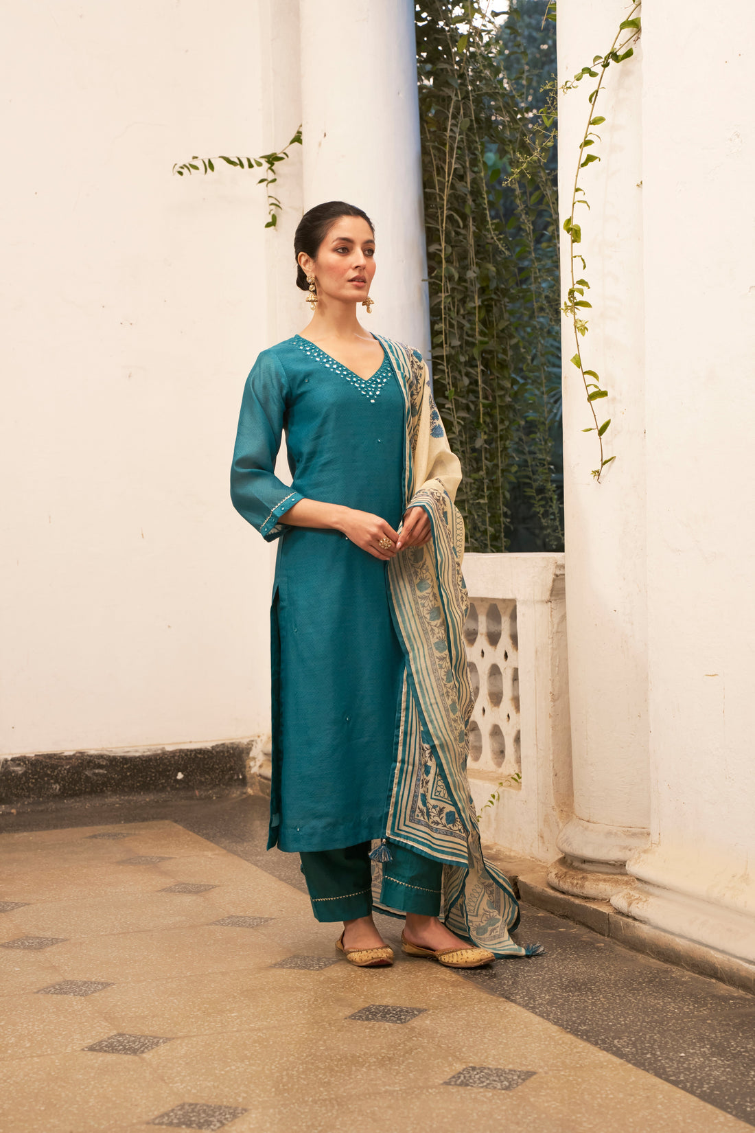 TEAL BLUE STARIGHT  CHANDERI KURTA SET
