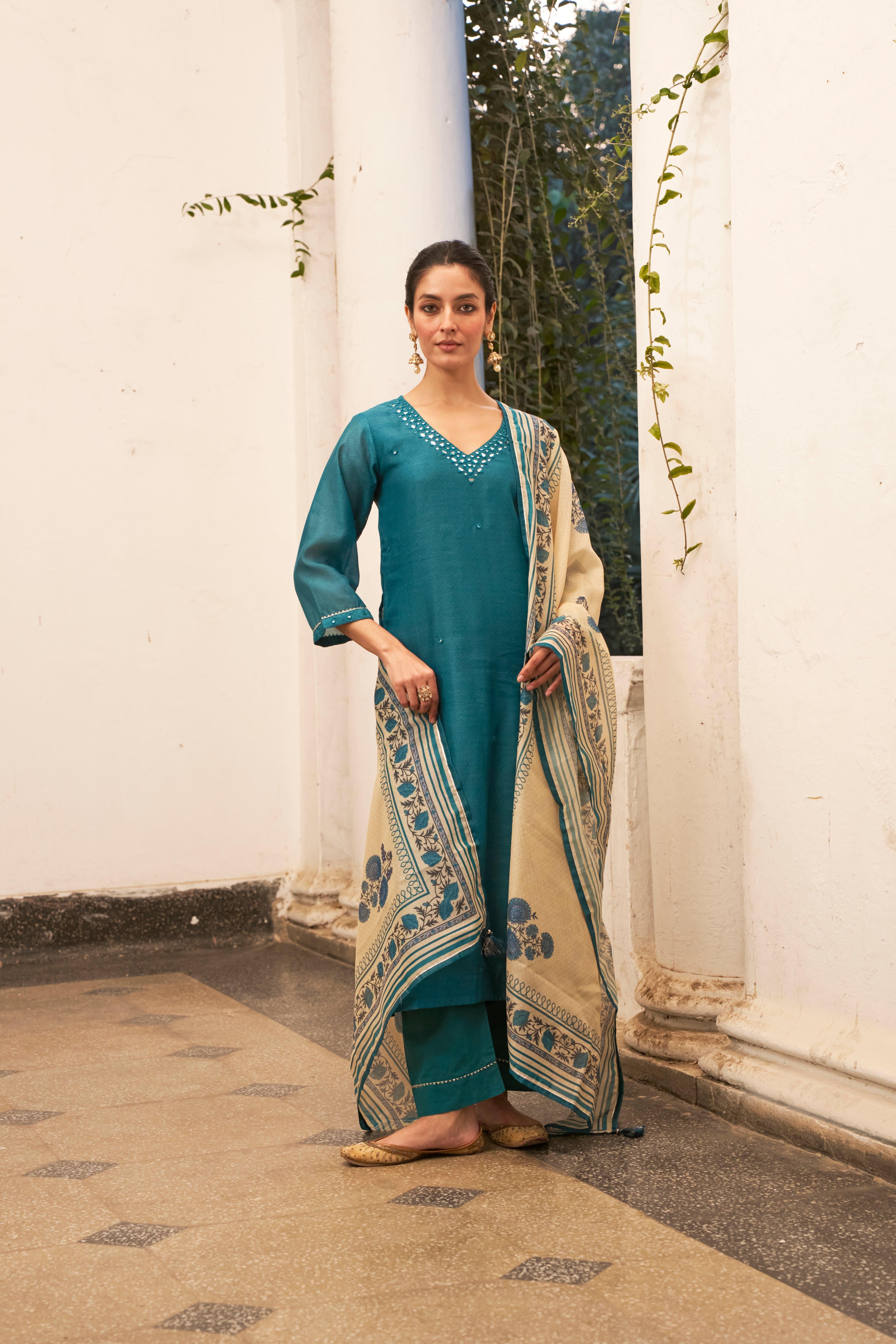 TEAL BLUE STARIGHT  CHANDERI KURTA SET