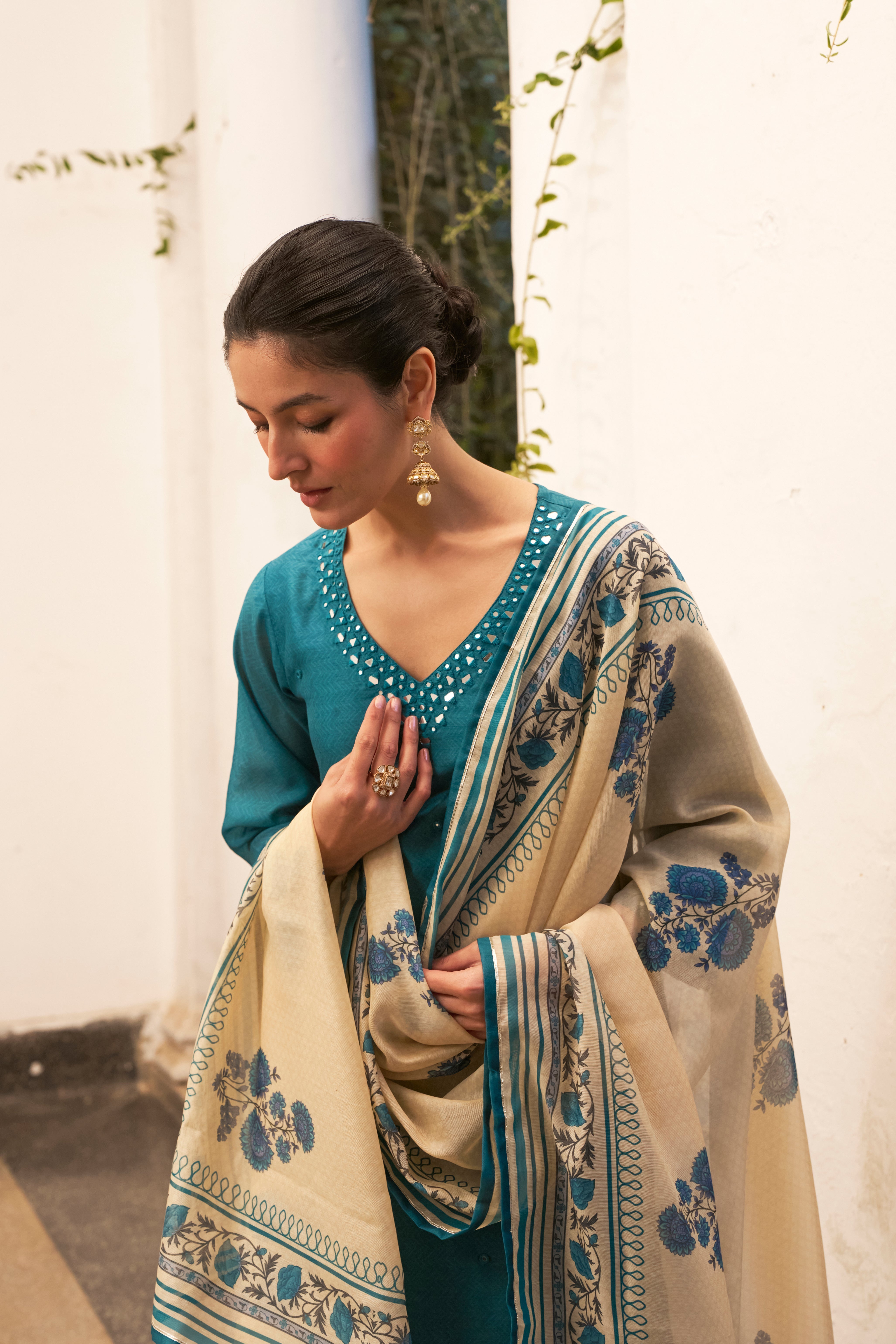 TEAL BLUE STARIGHT  CHANDERI KURTA SET