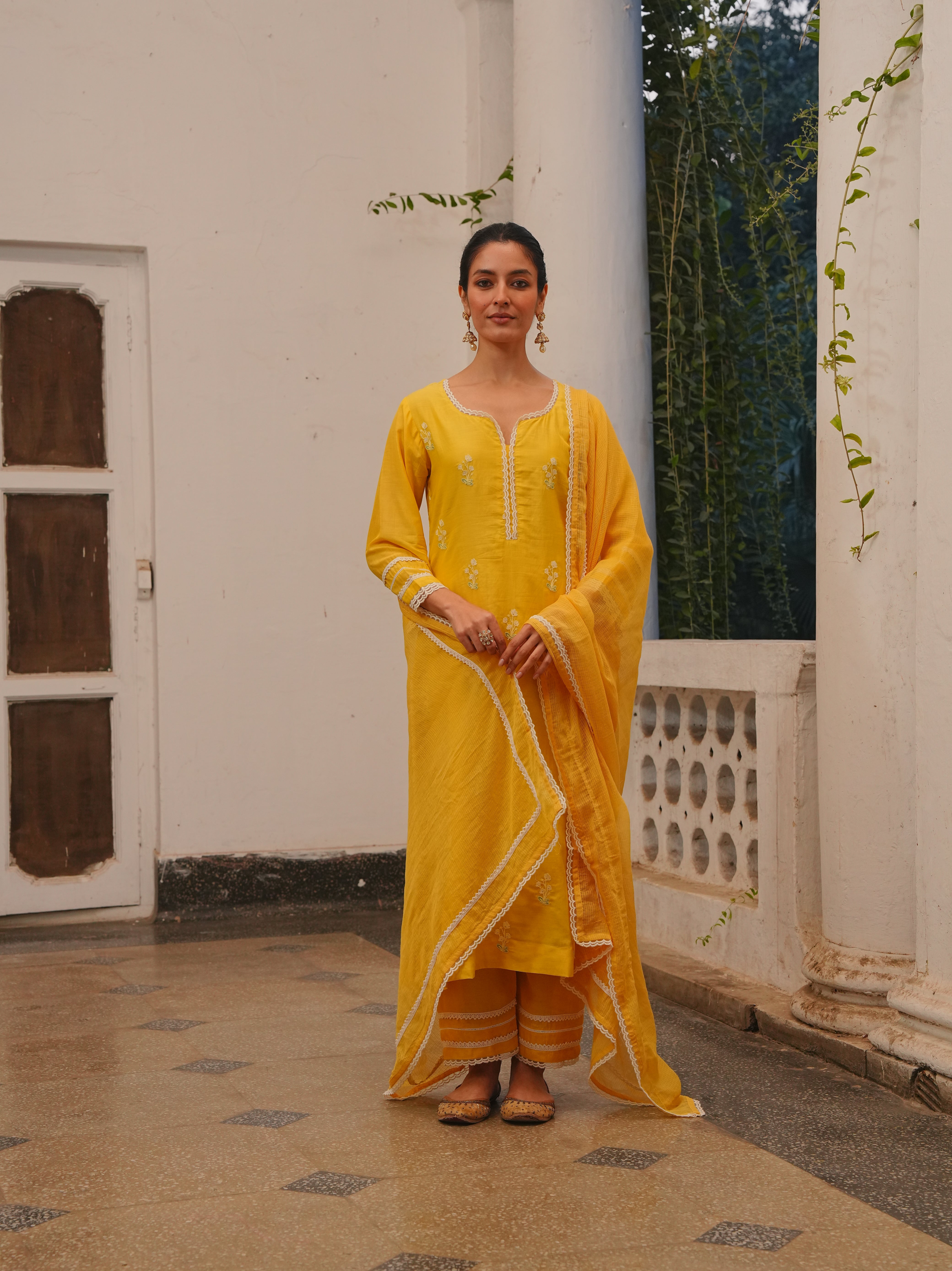 MARIGOLD YELLOW MUL CHANDERI KURTA SET