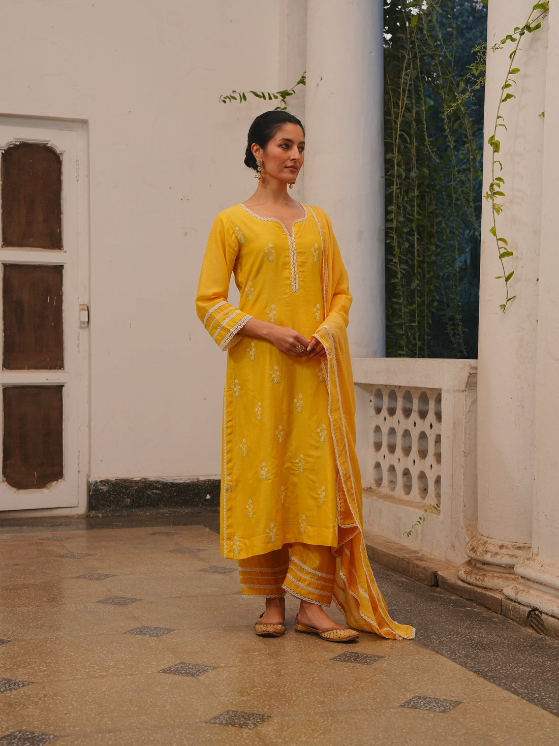 MARIGOLD YELLOW MUL CHANDERI KURTA SET
