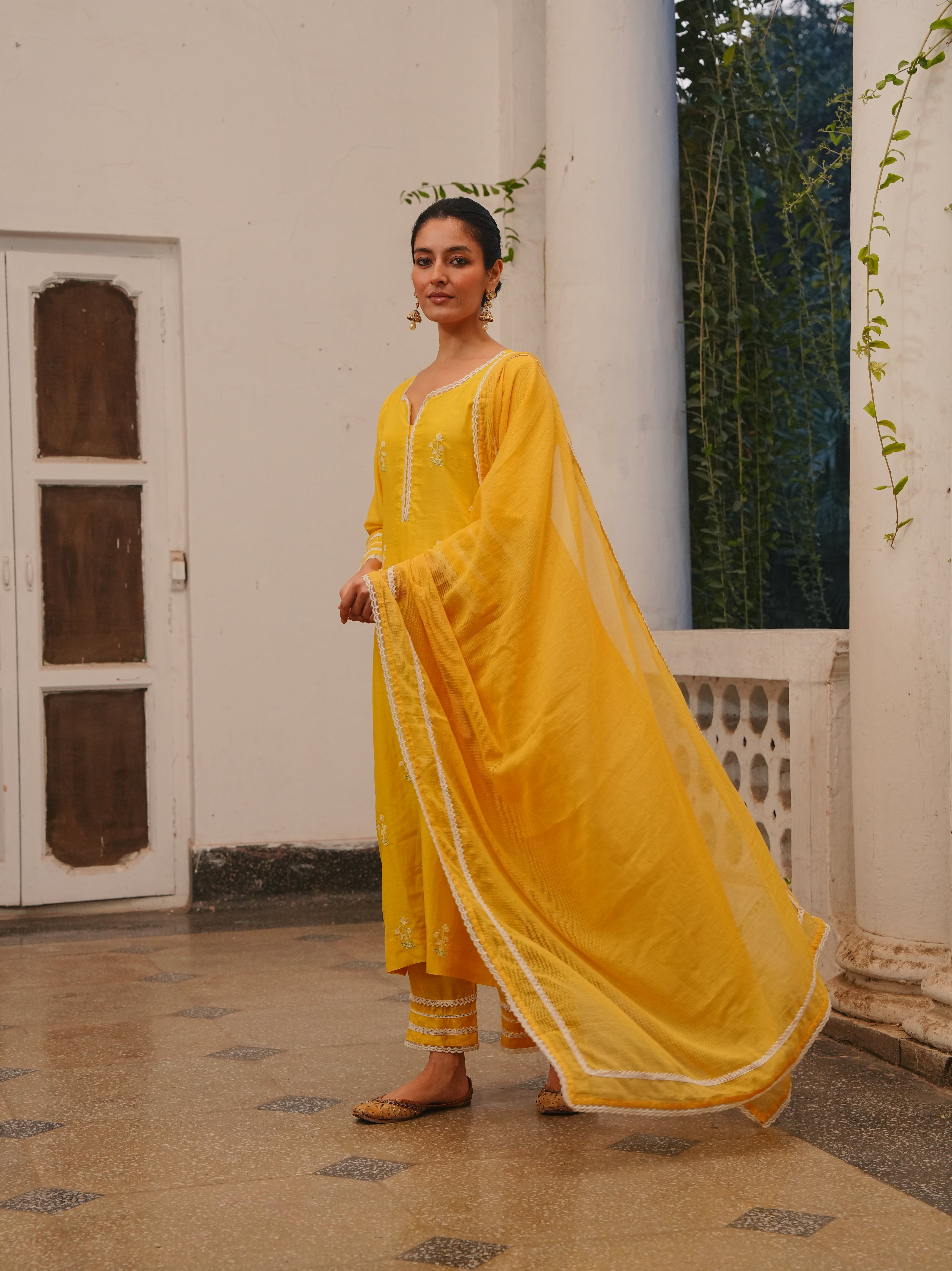 MARIGOLD YELLOW MUL CHANDERI KURTA SET